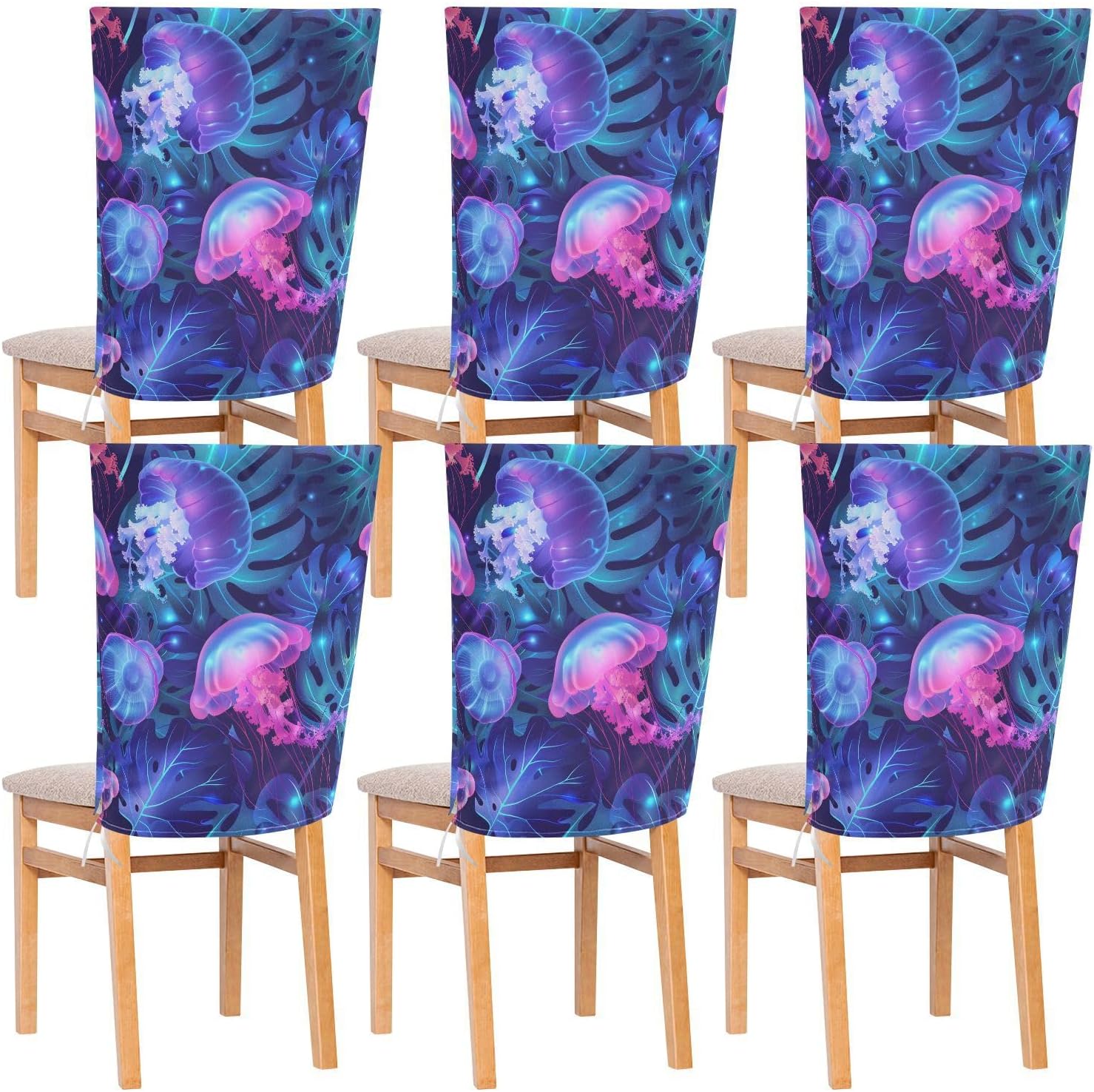 ALAZA Jellyfish and Tropical Leaves Chair Back Cover Set of 6, Washable Reusable Removable Chair Slipcovers Decorative Chair Cover for Home Kitchen Wedding Party