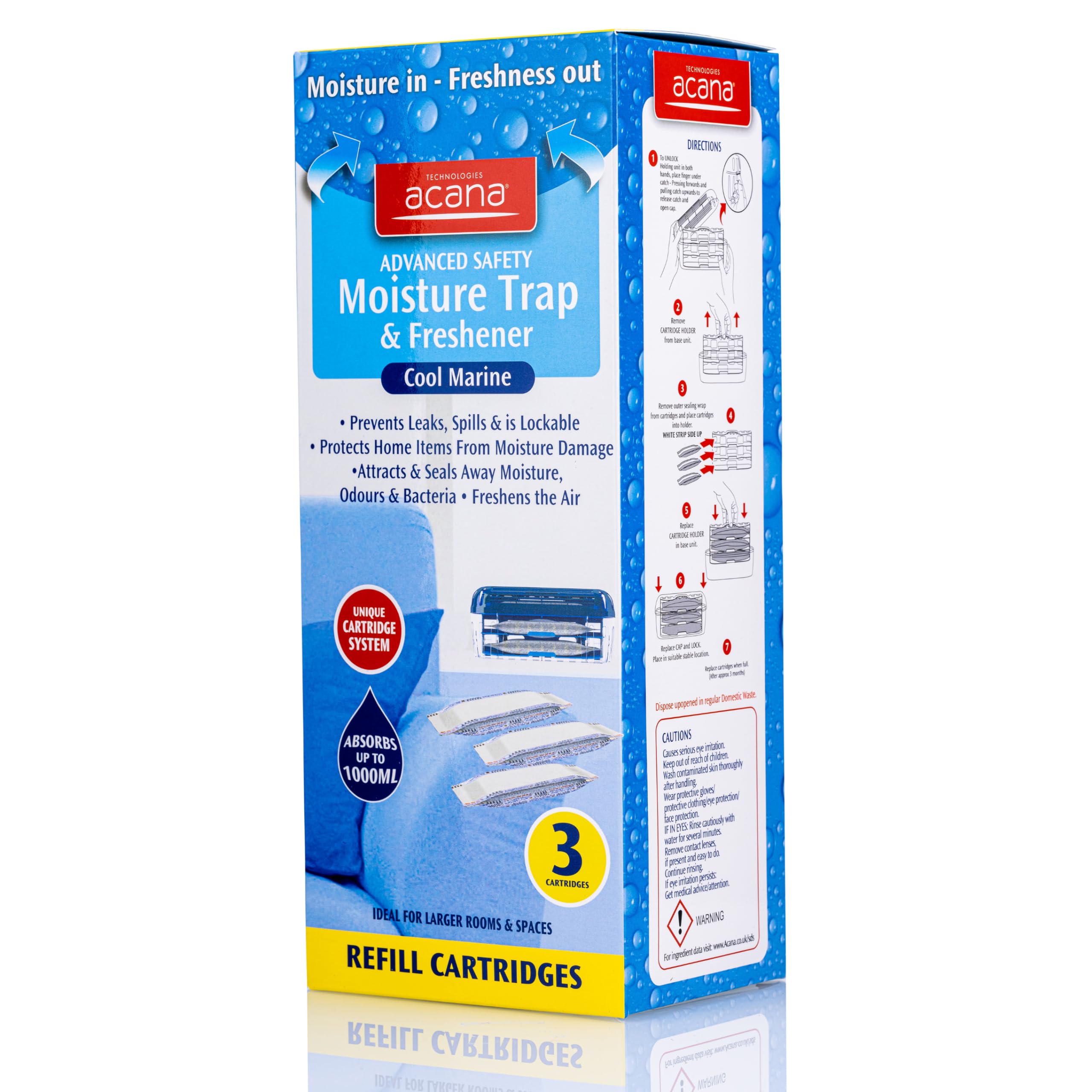 Acana Advanced Safety Moisture Trap & Freshener System Pack of 3 Refills - Dehumidifier for Damp & Mould | Moisture Absorber for your Home, Caravan, Kitchen, Bathroom, Bedroom, Garage, Office