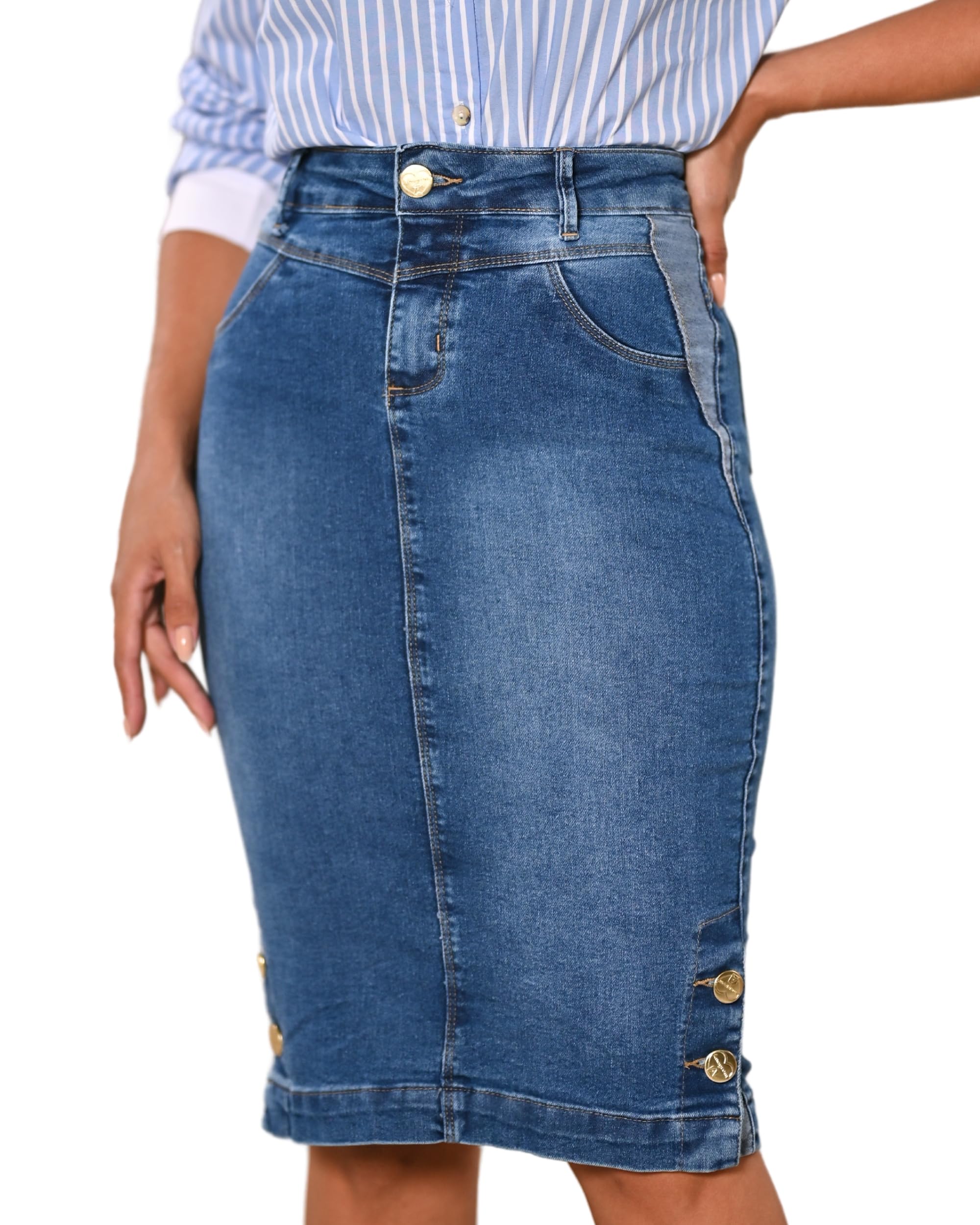 Gerader knielanger Stretch-Jeansrock für Damen, Größe 0–22, normale und Übergröße, seitliche Knopfdetails