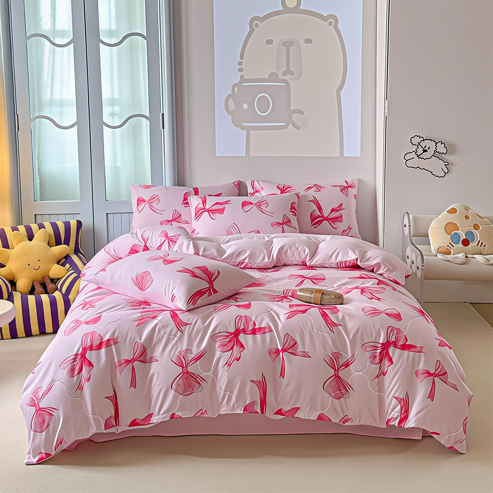 Wajade Pink Bow King Duvet Set with 2 Pillowcases Coverless Duvet with Pink Bow Pattern Washable Reversible All Seasons Lightweight Warm - 220 x 240cm