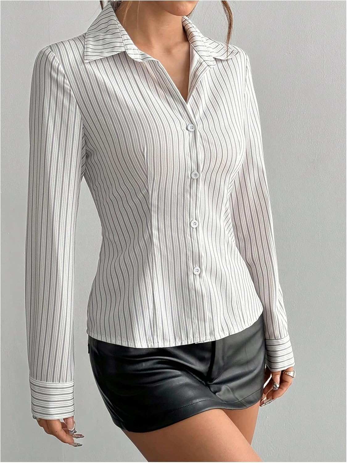 OYOANGLE Women's Striped Button Down Long Sleeve Blouse Work Office Dressy Fitted Shirt Tops - Image 5