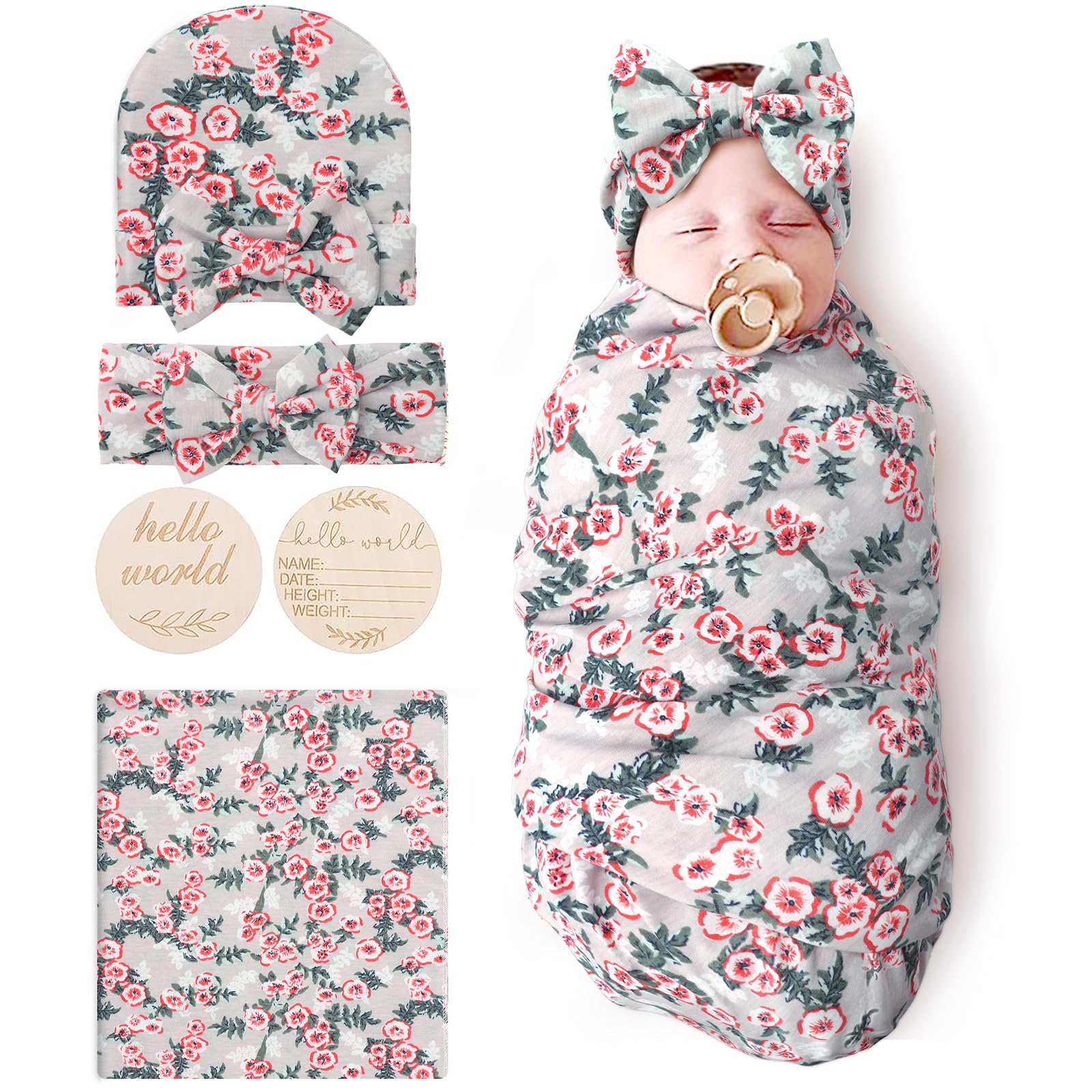 DRESHOW BQUBO Baby Girl Newborn Floral Receiving Blankets with Bow Hat Headband Wooden Birth Announcement Card Set Newborn Baby Swaddling Hats