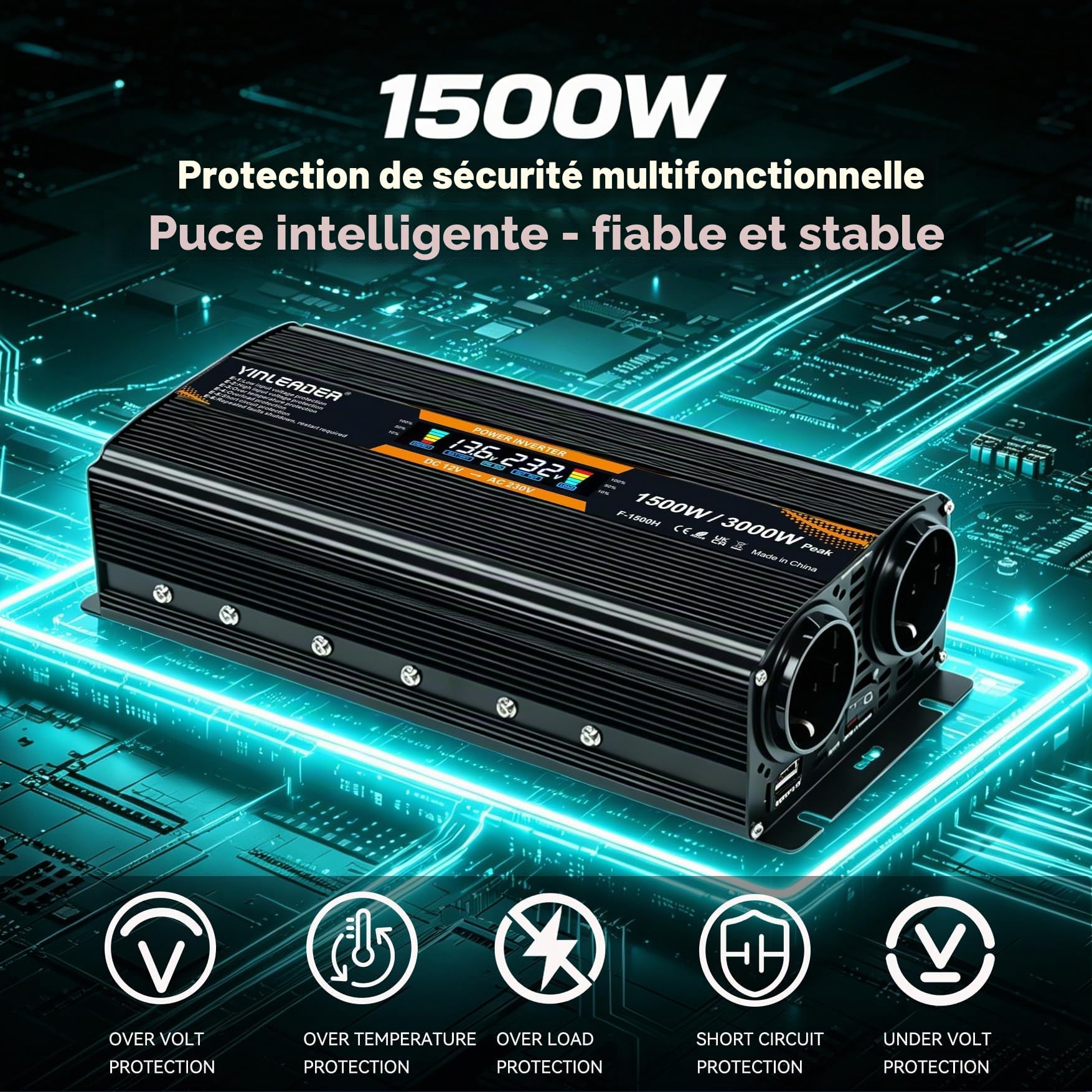 Convertisseur 12v 220v 1500W /3000W convertisseur de Tension Onduleur avec écran LCD USB