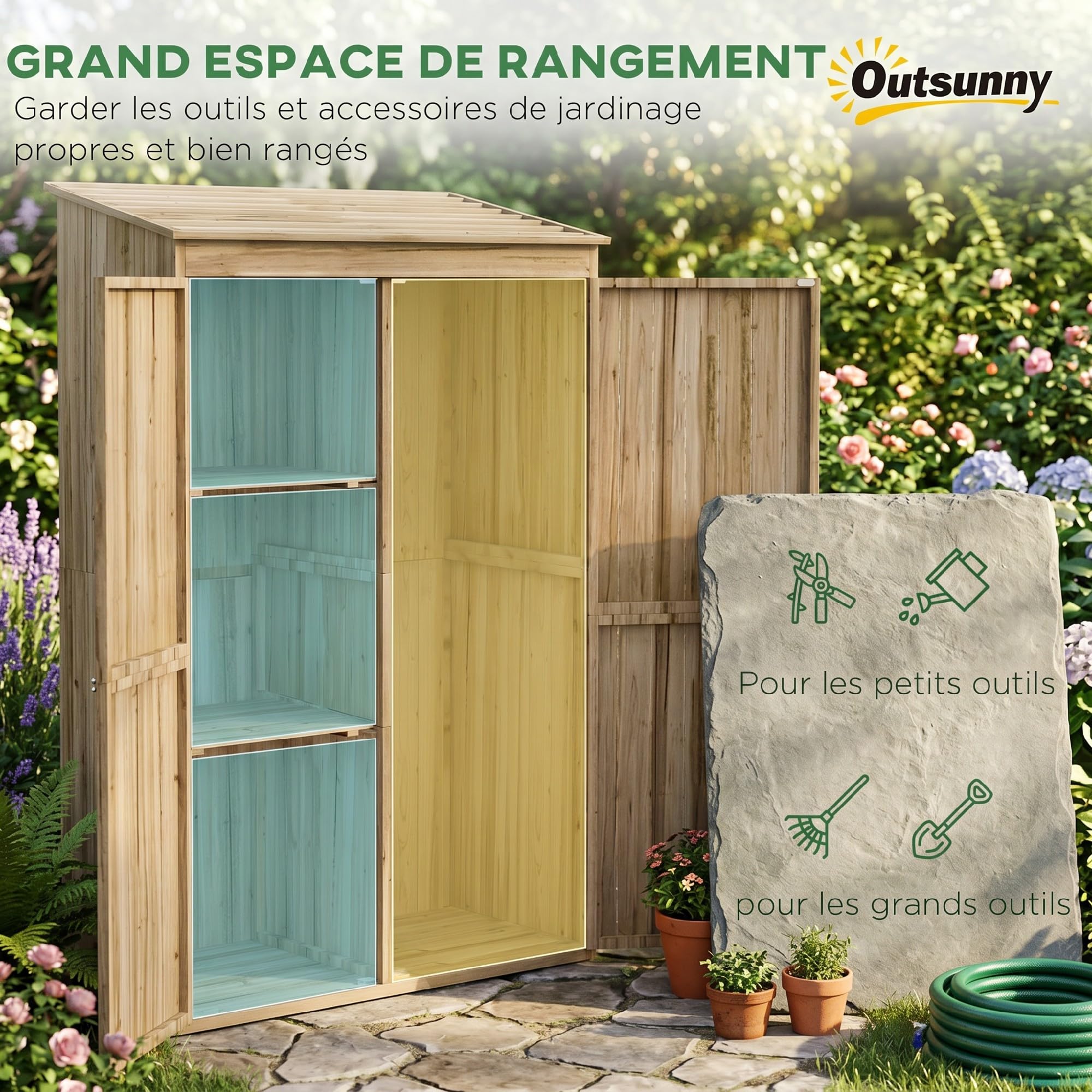 Outsunny Armoire de Jardin en Bois avec 2 Portes magnétiques, 2 étagères et Compartiment Droit spacieux, Armoire de Rangement à Toit incliné 120 x 57 x 183 cm Bois Naturel