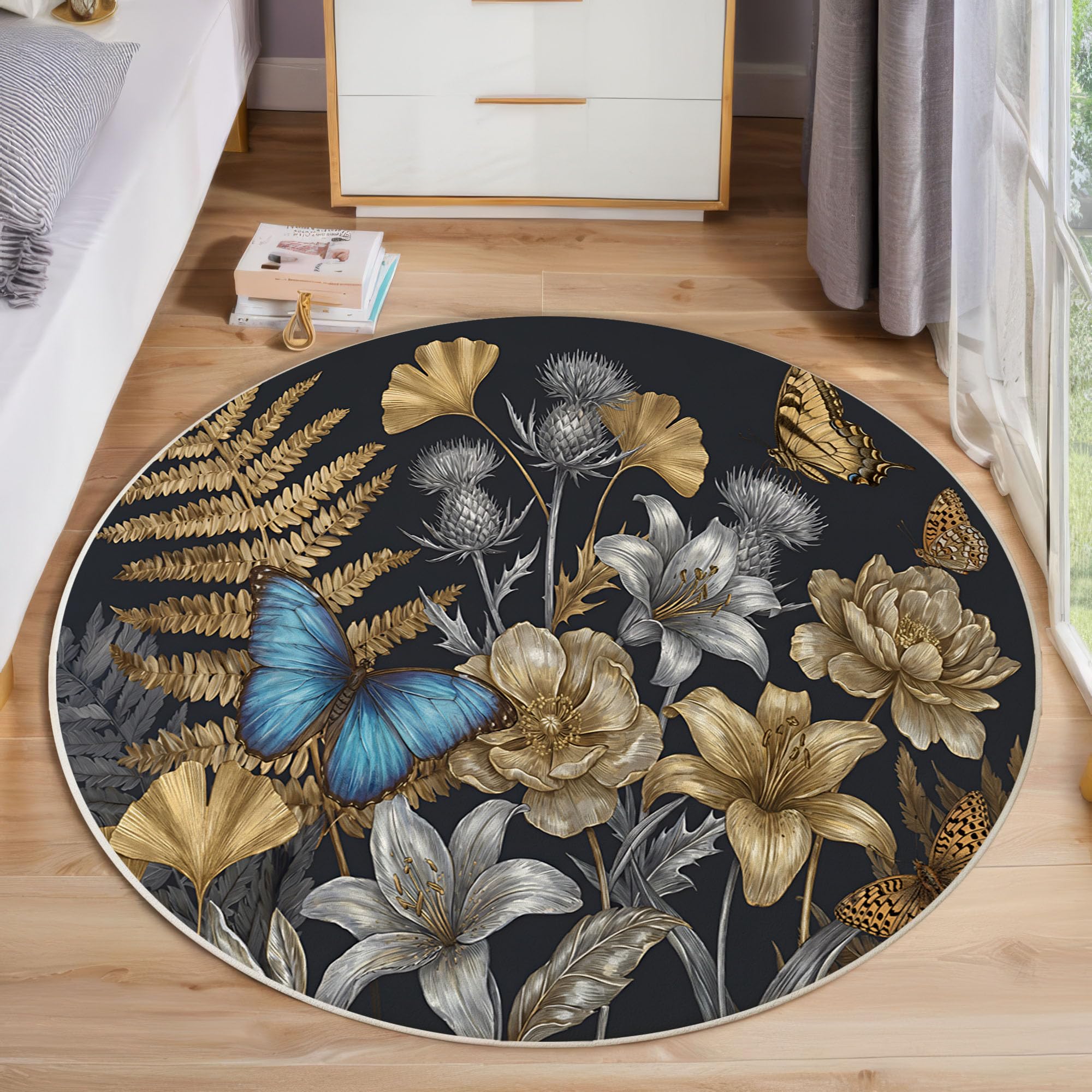 Tapis rond lavable de 200cm antidérapant style nature morte végétale