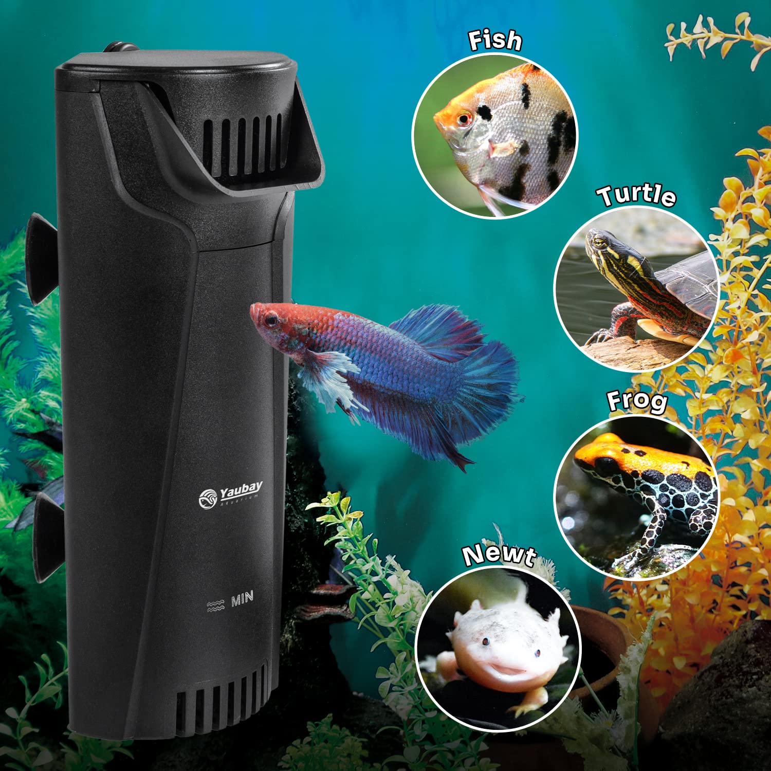 Yaubay Filtre interne silencieux pour aquarium, 3 étapes de biofiltration à faible niveau avec grille de protection pour aquarium jusqu'à 38 litres de poisson, tortue, crevettes, 45 GPH