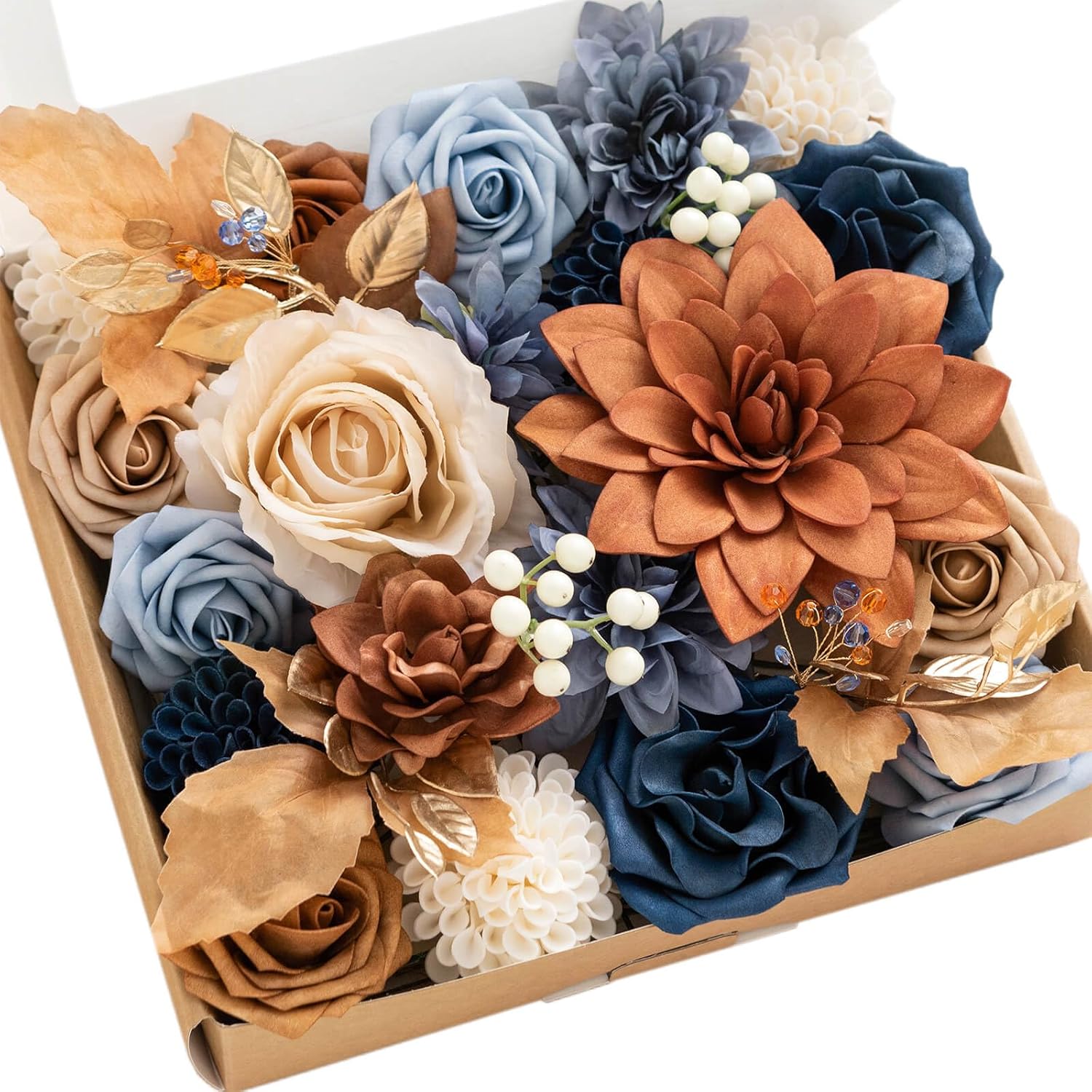 ling's moment burnt orange & navy artificial flowers and greenery grand combo box set, terracotta fake flower for diy wedding bridal bouquet, centerpieces decor, floral arrangement decor, etc. or-burnt orange & navy grand