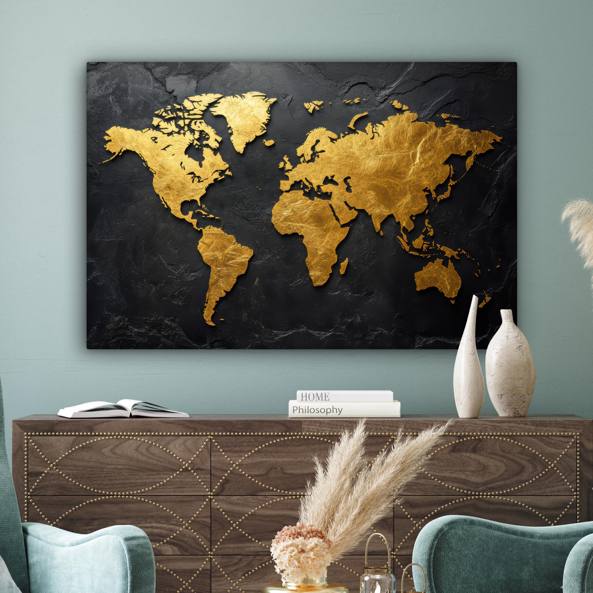 MuchoWow© Impression sur Toile Decoration Murale Peinture 120x80 cm Tableaux Decoratifs Muraux Déco Chambre Tableau Salon Carte du Monde - Or - Pierre