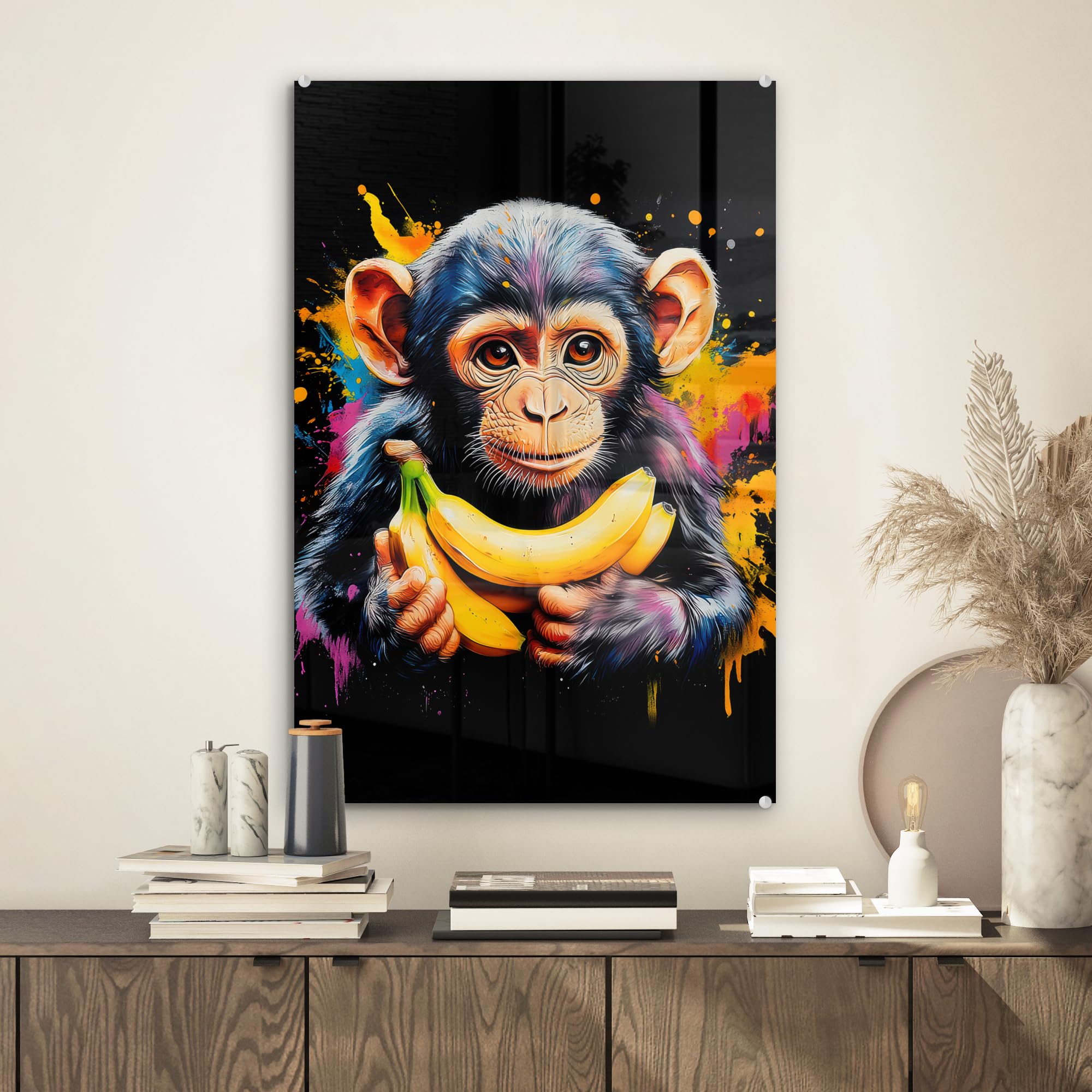 MuchoWow© Bild auf Glas 40x60 cm Schlafzimmer Bilder Badezimmer Wand Deko Wohnzimmer Modern Wanddeko Bilderwand Geschenk Affe - Graffiti - Bunt - Bananen - Modern