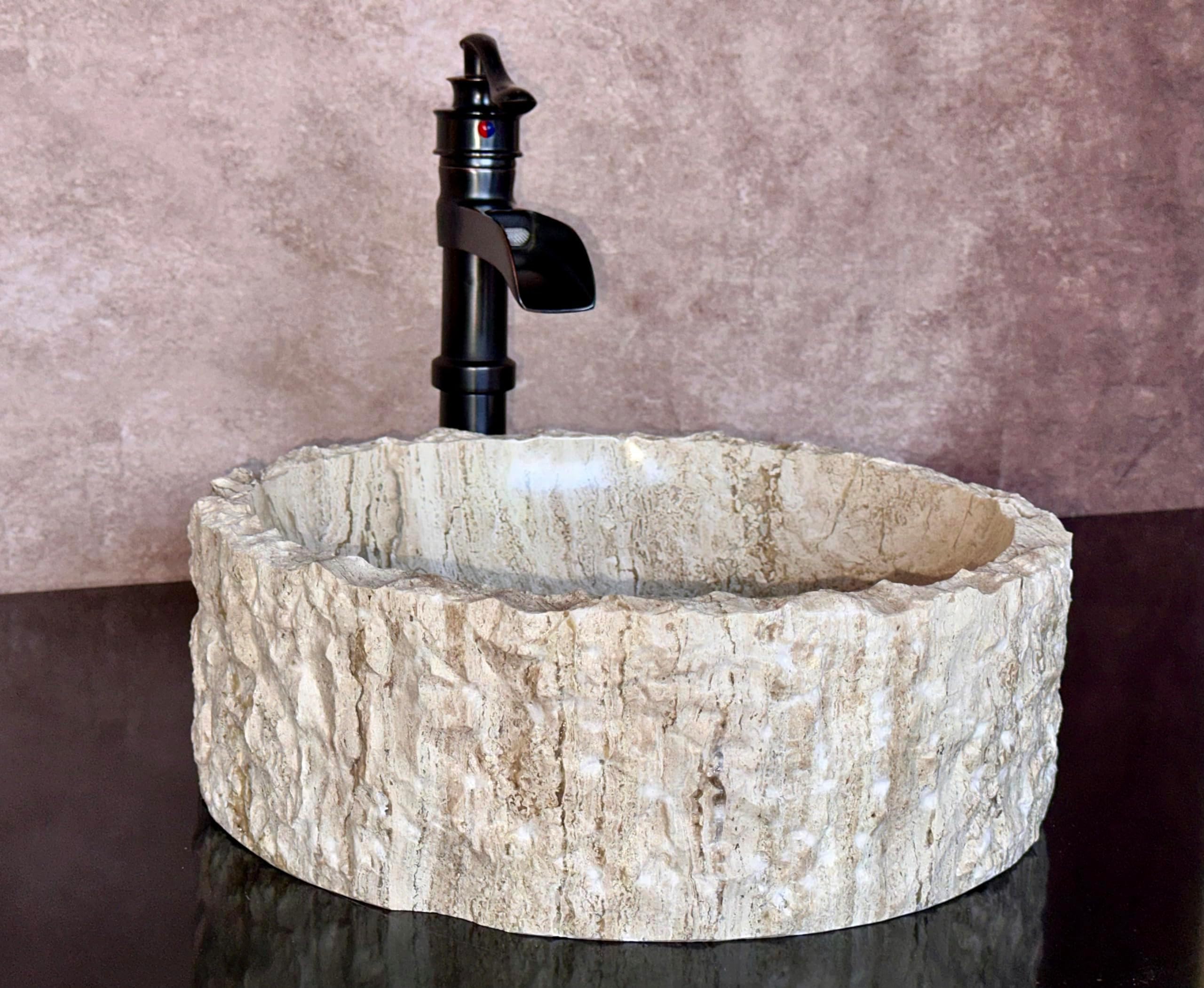 Hellosinks Handmade Cilinder Shaped Travertine Sink Chiseled Stone Vanity Sink for Modern