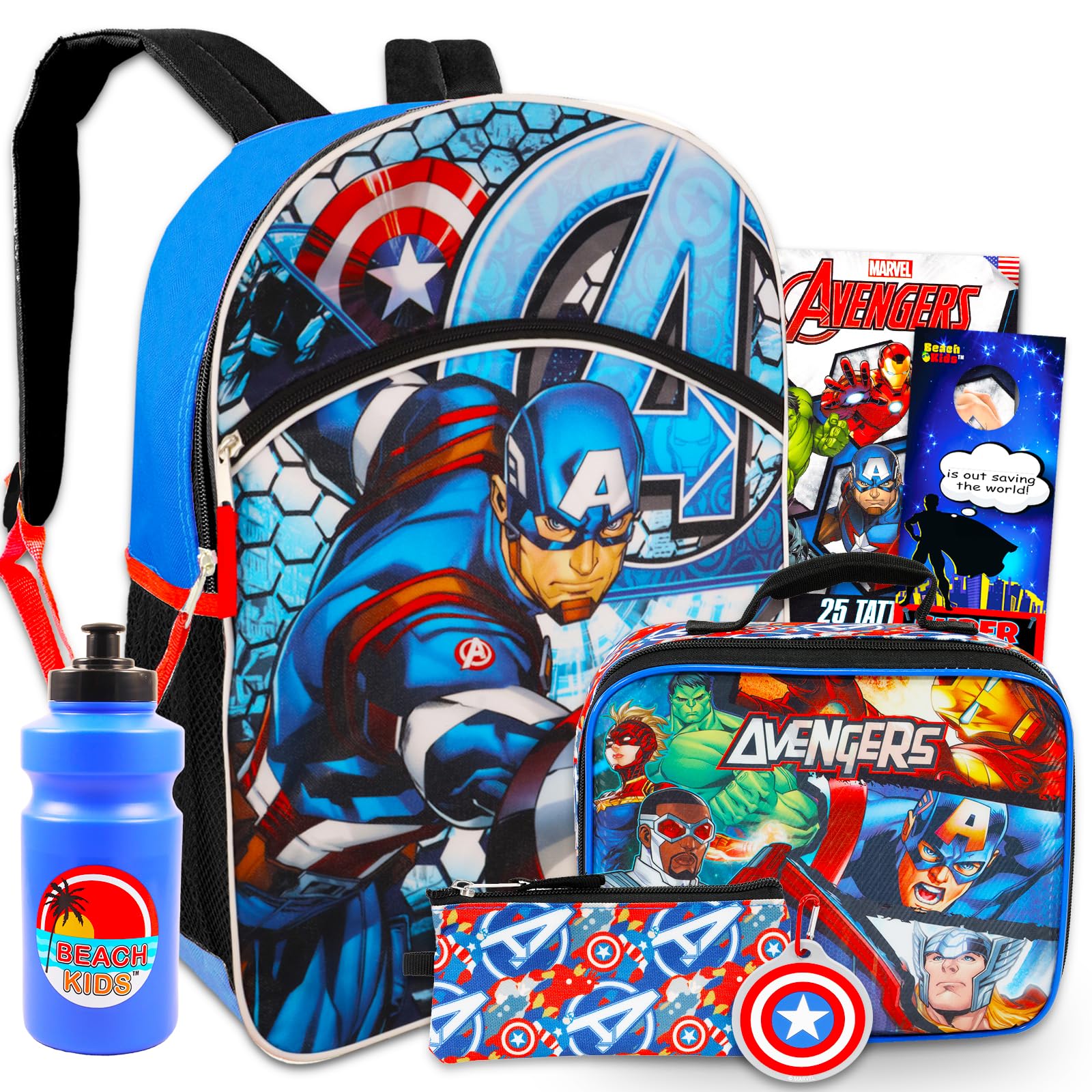 Captain America Backpack & Lunchbox For Boys - Bundle with 16" Captain America Backpack, Avengers Lunchbox, Tattoos, & More | Avenger School Bag