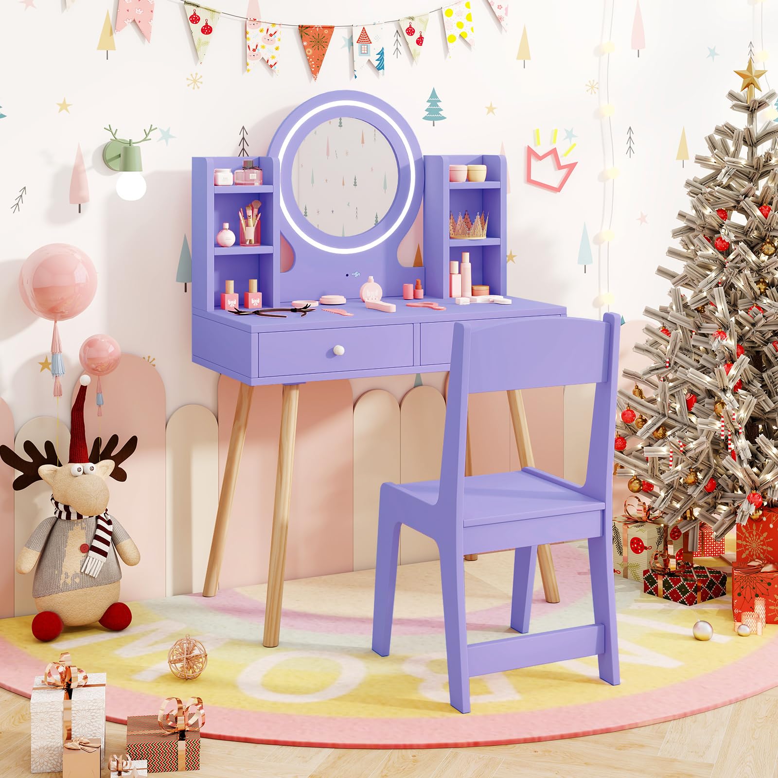 Maxmass Kids Dressing Table and Chair, Wooden Toddler Vanity Table with 2-Color LED Lighted Mirror, 2 Drawers, Storage Shelves, Children Makeup Desk Set Girls Princess Pretend Dresser (Purple)