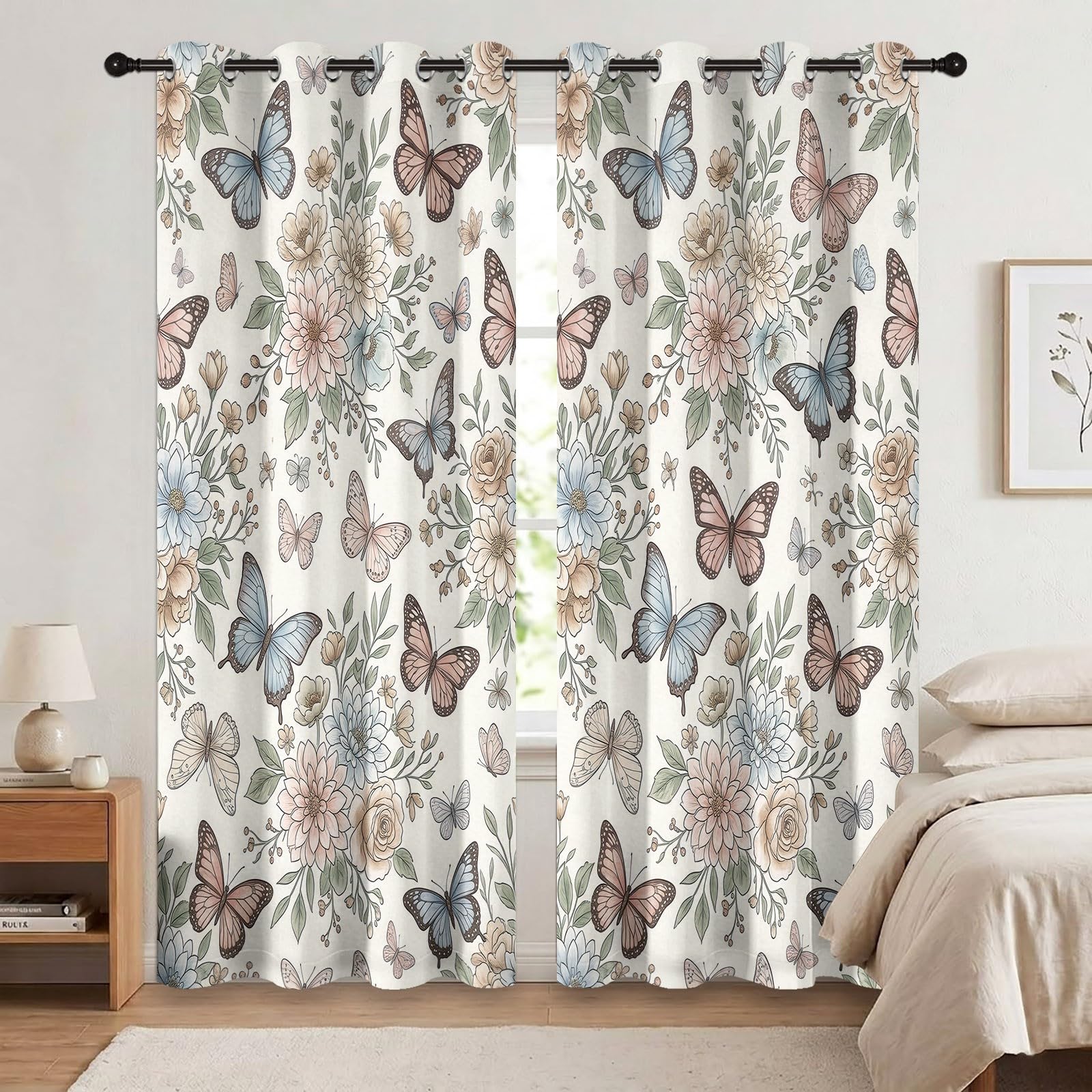 Rideaux Occultants Animal Floral 140L X 260H cm (2 Panneaux), Isolation Thermique Fixation par Oeillets Papillon Rustique & Fleurs Sauvages pour Chambre À Coucher, Rose