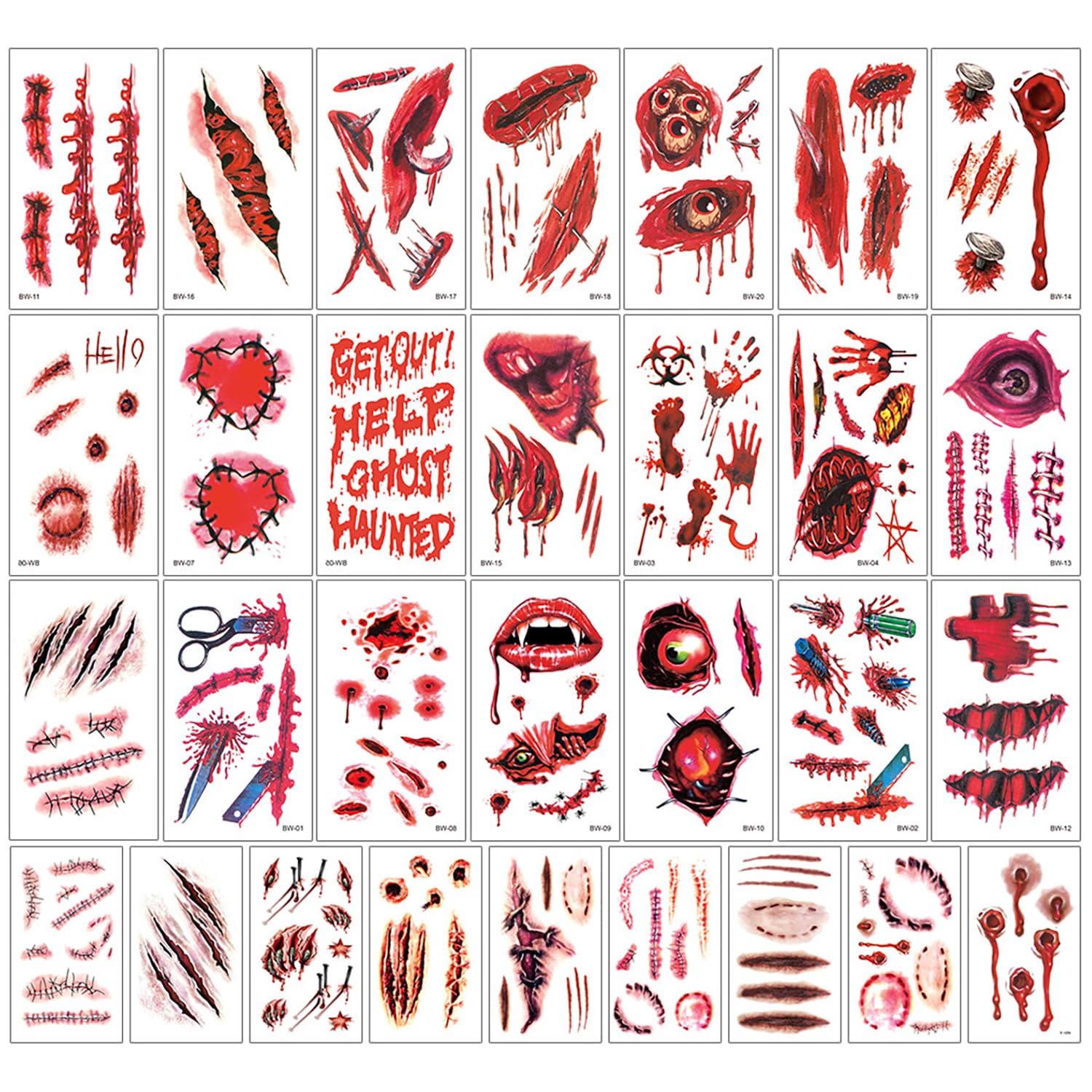 Tattoos Stickers (30 Sheets), Halloween Waterproof Tattoo, Scar Makeup for Adults Cosplay Face Body Art (Red)
