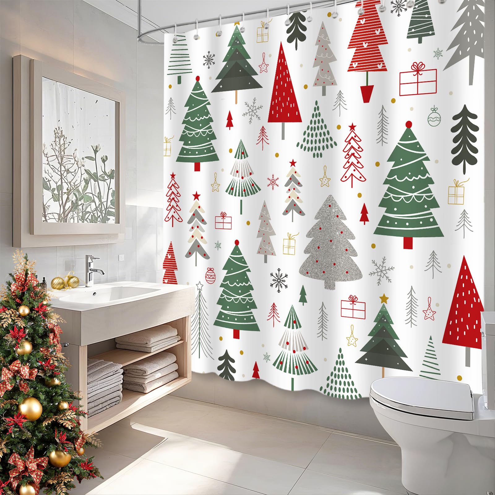 APROPHIC Weihnachtsduschvorhänge, Farbige Weihnachtsbaum Duschvorhänge mit 12 Haken, Wasserdicht, Langlebig, 180x180 cm