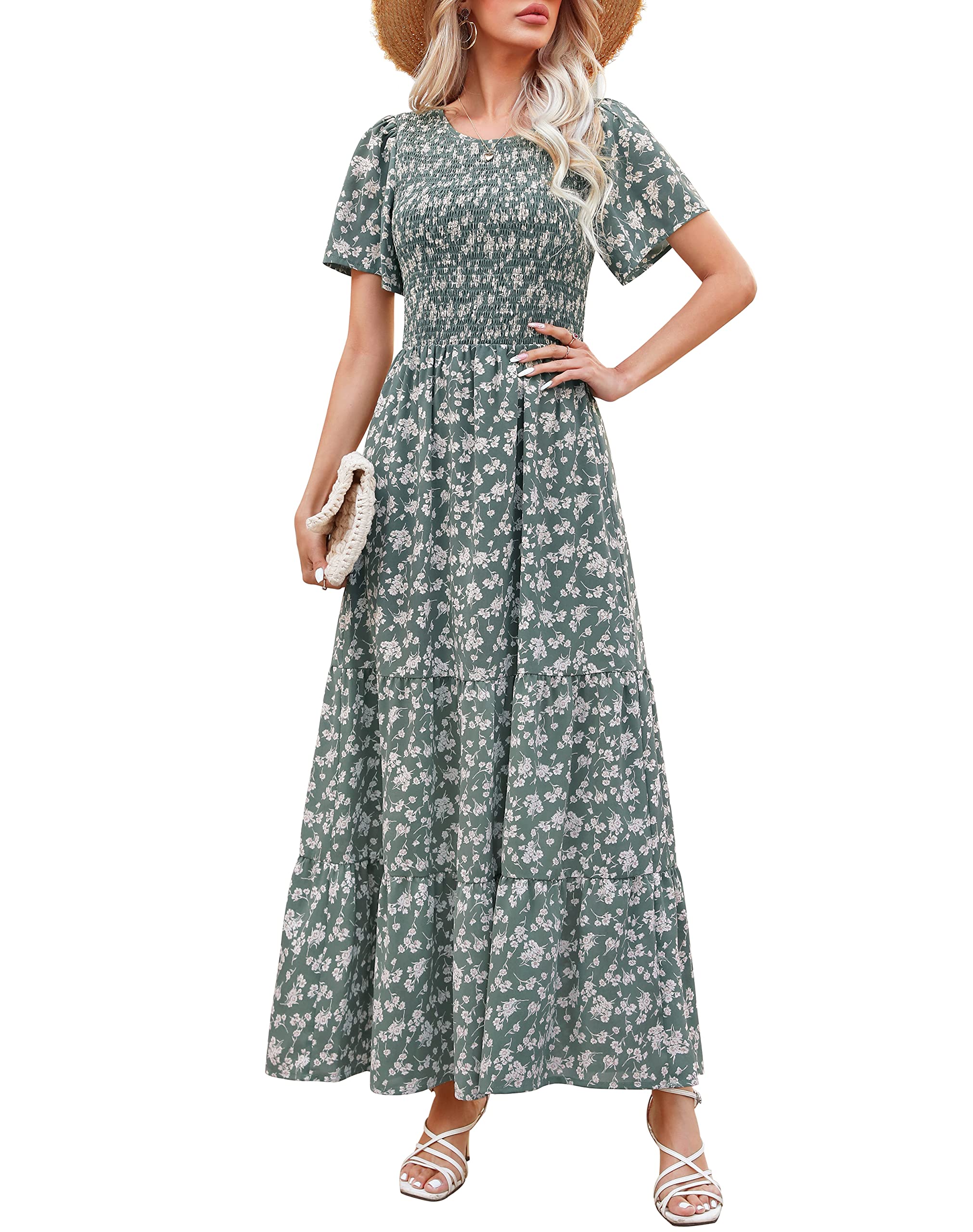 Kranda Women 2025 Summer Fall Crewneck Short Sleeve Smocked Floral Maxi Dress