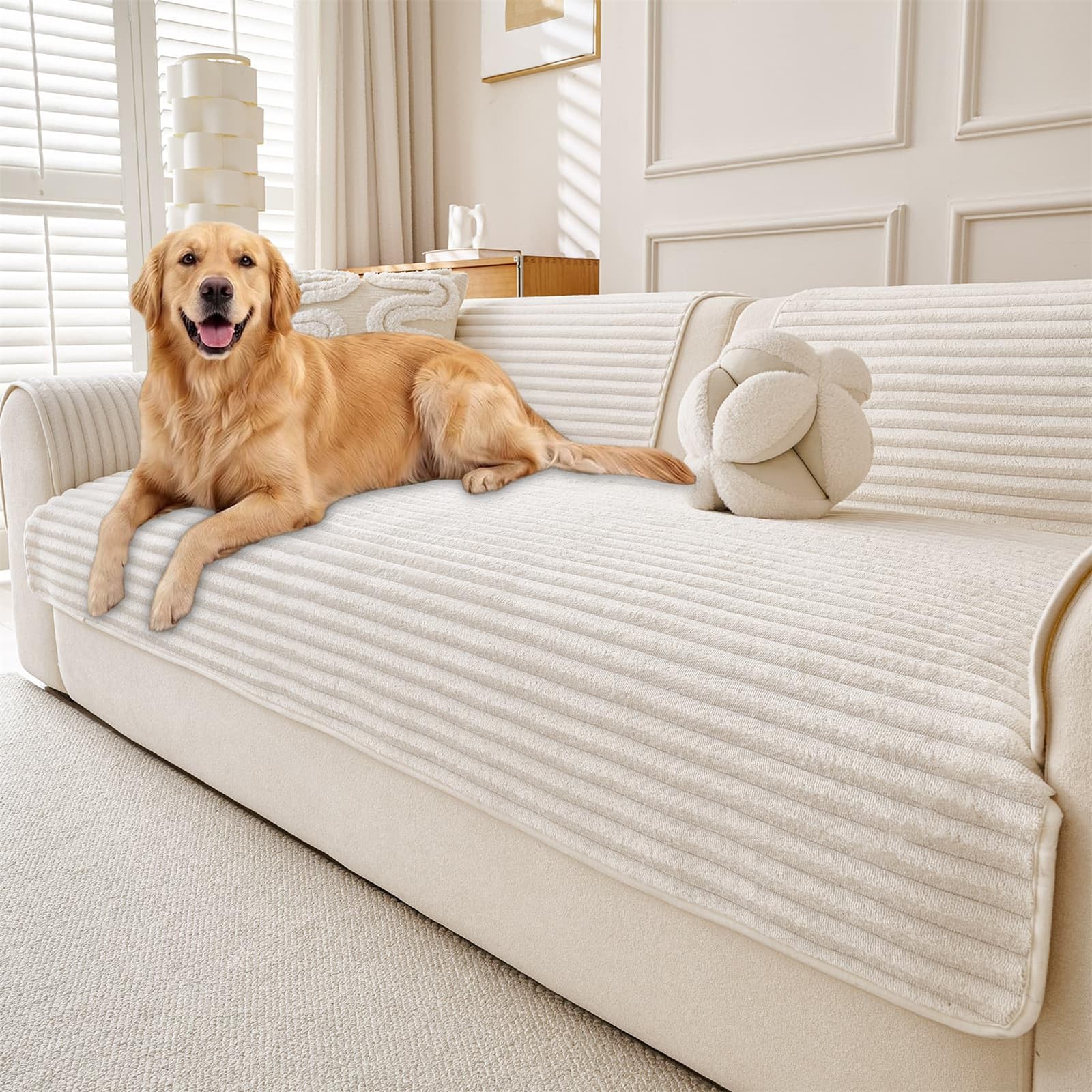 LINGKY Thick Sofa Covers Washable - Soft Flannel Sofa Cover 2 3 4 Seater, Non-Slip Sofa Slipcovers, Sofa Cushion Covers Pet Couch Covers Furniture Protector for Living Room (Beige White, 110x240cm) — image 1