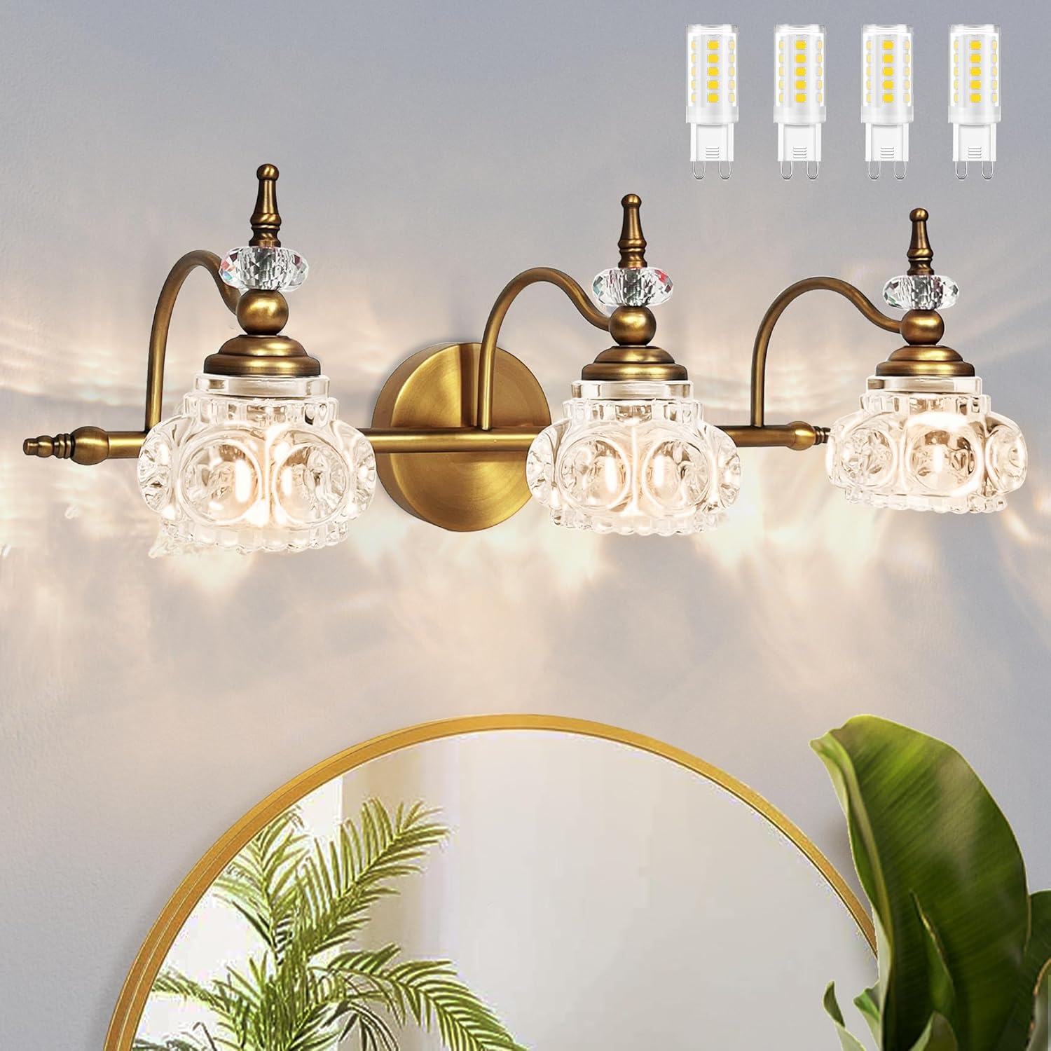 Montex Gold Vanity Light Brass with Bulbs, Vintage Wall Scoce, Vintage Bathroom Light Fixtures, Brass Bathroom Light Fixtures, 3 Lights