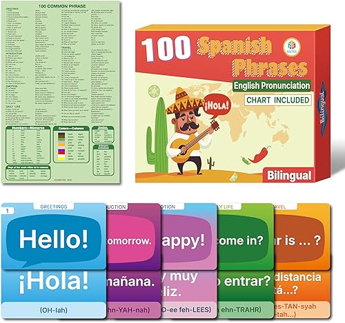 100 frases bilingües en español e inglés con prounciación en inglés, tarjetas didácticas y tabla de frases recurso de aprendizaje para estudiantes