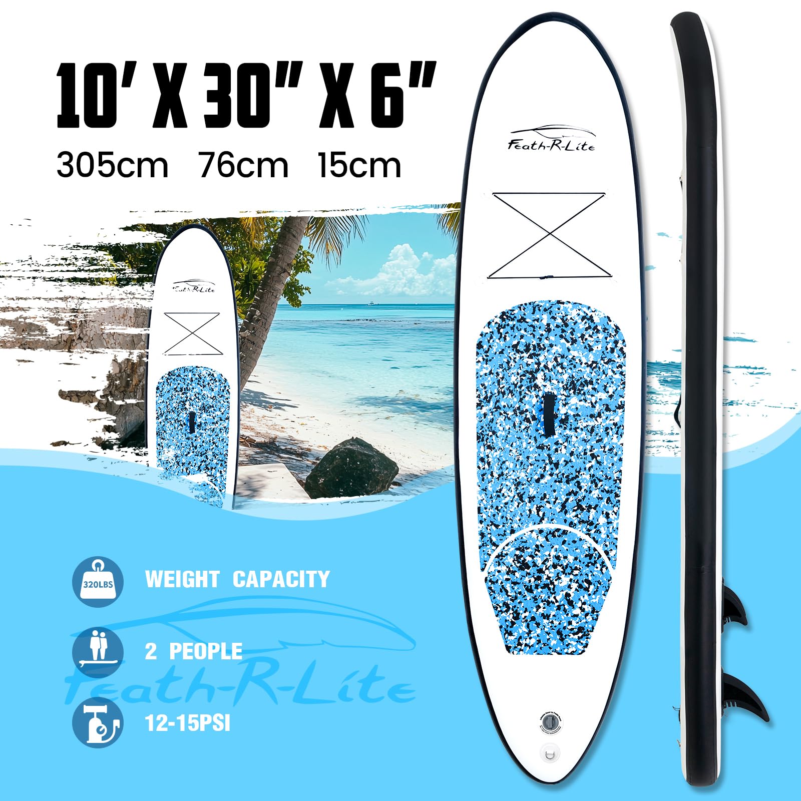 FEATH-R-Lite Planche à pagaie Gonflable Ultra légère de 3 m x 76 cm / 3 m x 83 cm pour Tous Les Niveaux de compétence avec Accessoires de Planche à pagaie Sup de qualité supérieure, Plate-Forme