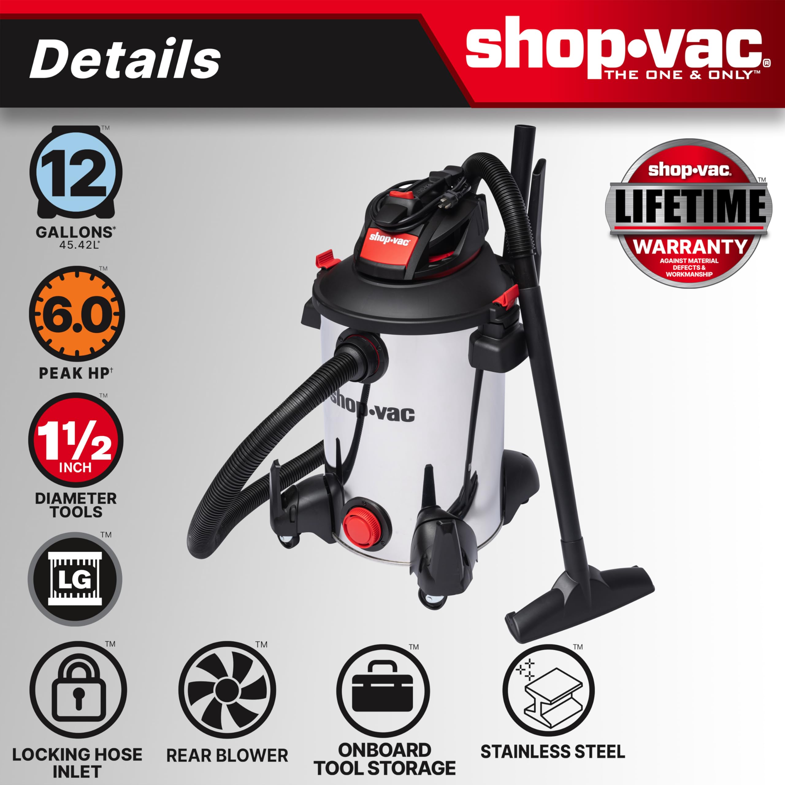 Shop-Vac 5761311 12-Gallon Wet/Dry Shop Vacuum, 6 Peak HP, 1.5 Inch Diameter x 7 Foot Hose, 20 Foot Cord, Ideal for Home, Garage, and Workshop Cleaning