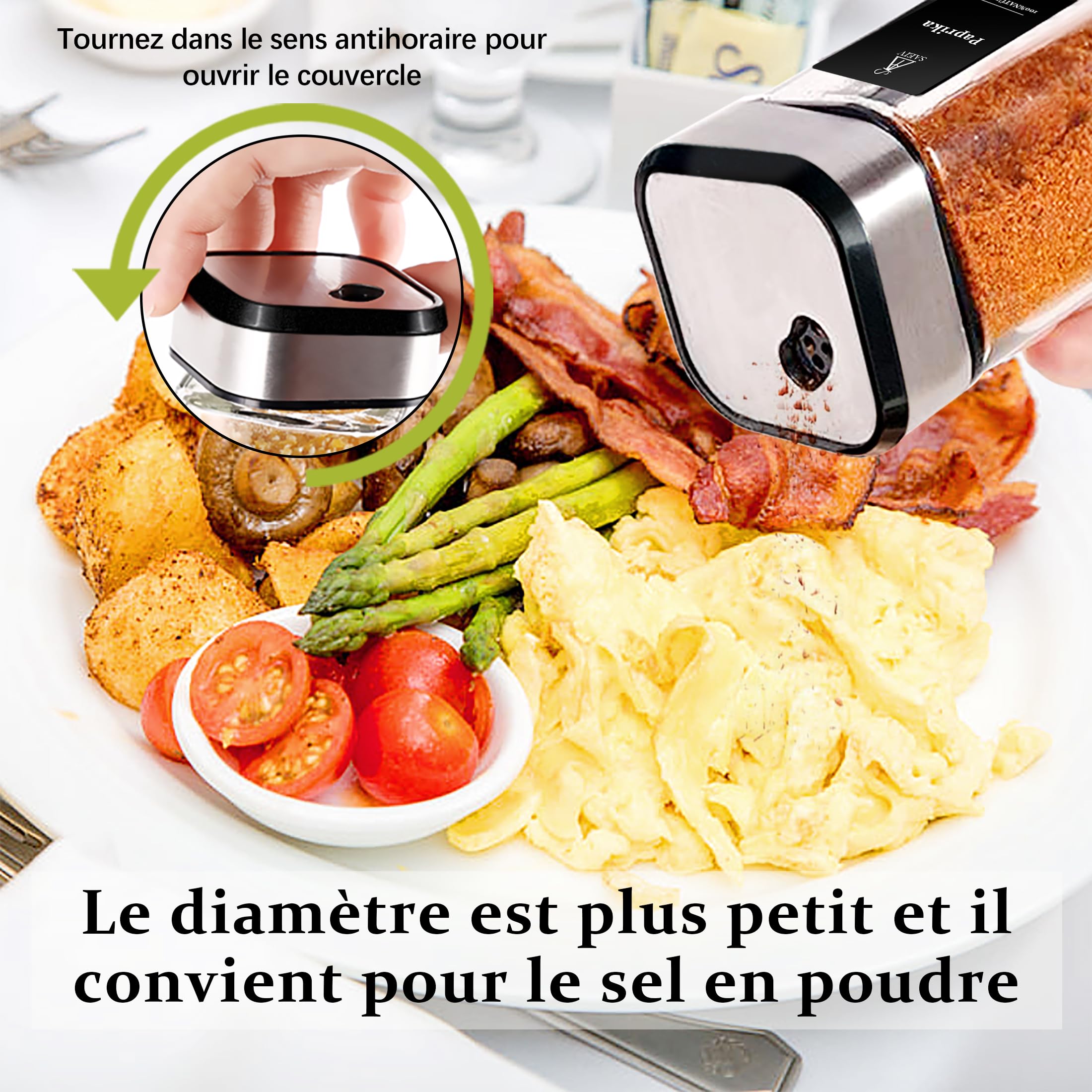 Pot a Epices Set Carré Rotatif,Trois Calibres Réglables 360°, 12 Coffret Epices, 120 ml Pot Epices Verre, Parfait Rangement Epices Cuisine