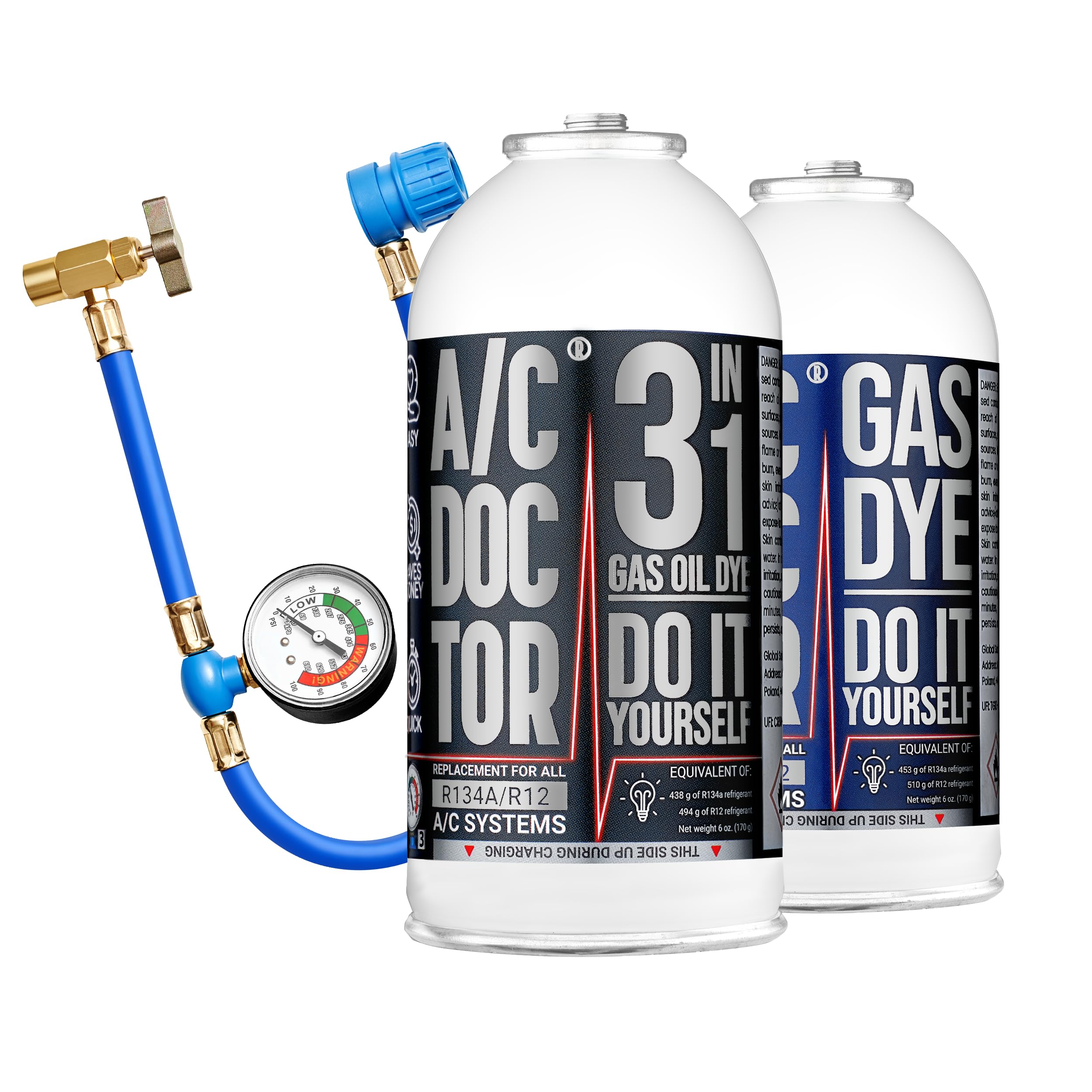 Kältemittel R134a Set 3in1 + Gas mit Schlauch & Manometer – Auto Klimaanlage Nachfüllset – Gas + Öl + Leckdichtmittel – DIY Klimaservice – kompatibel mit R134a & R12 Systemen