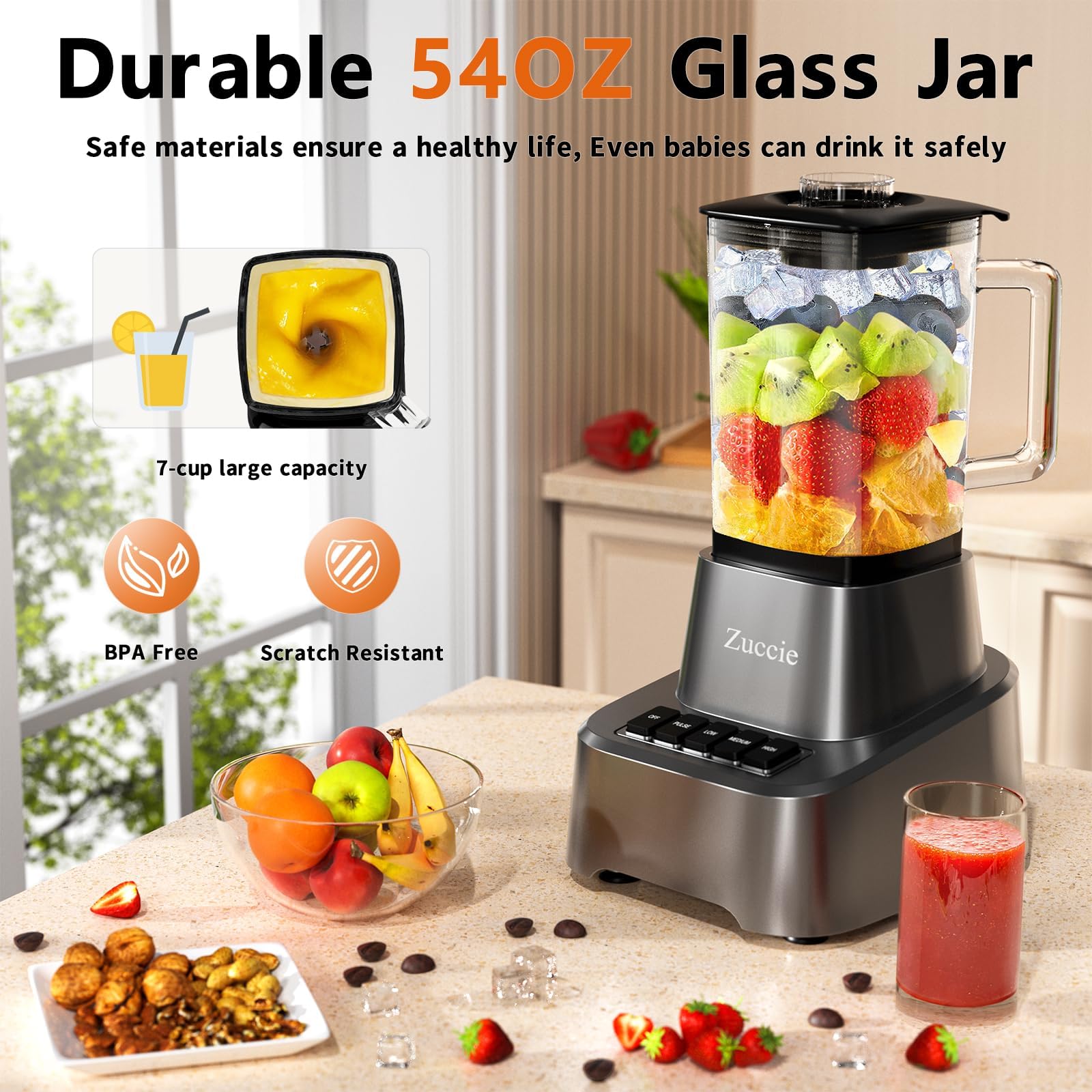 Zuccie Blender for Shakes and Smoothies With 54oz Glass Jar, 4 Speed Settings, Countertop Blender for Frozen Fruit Drinks, Smoothies, Sauces, 750 Watts, Gray
