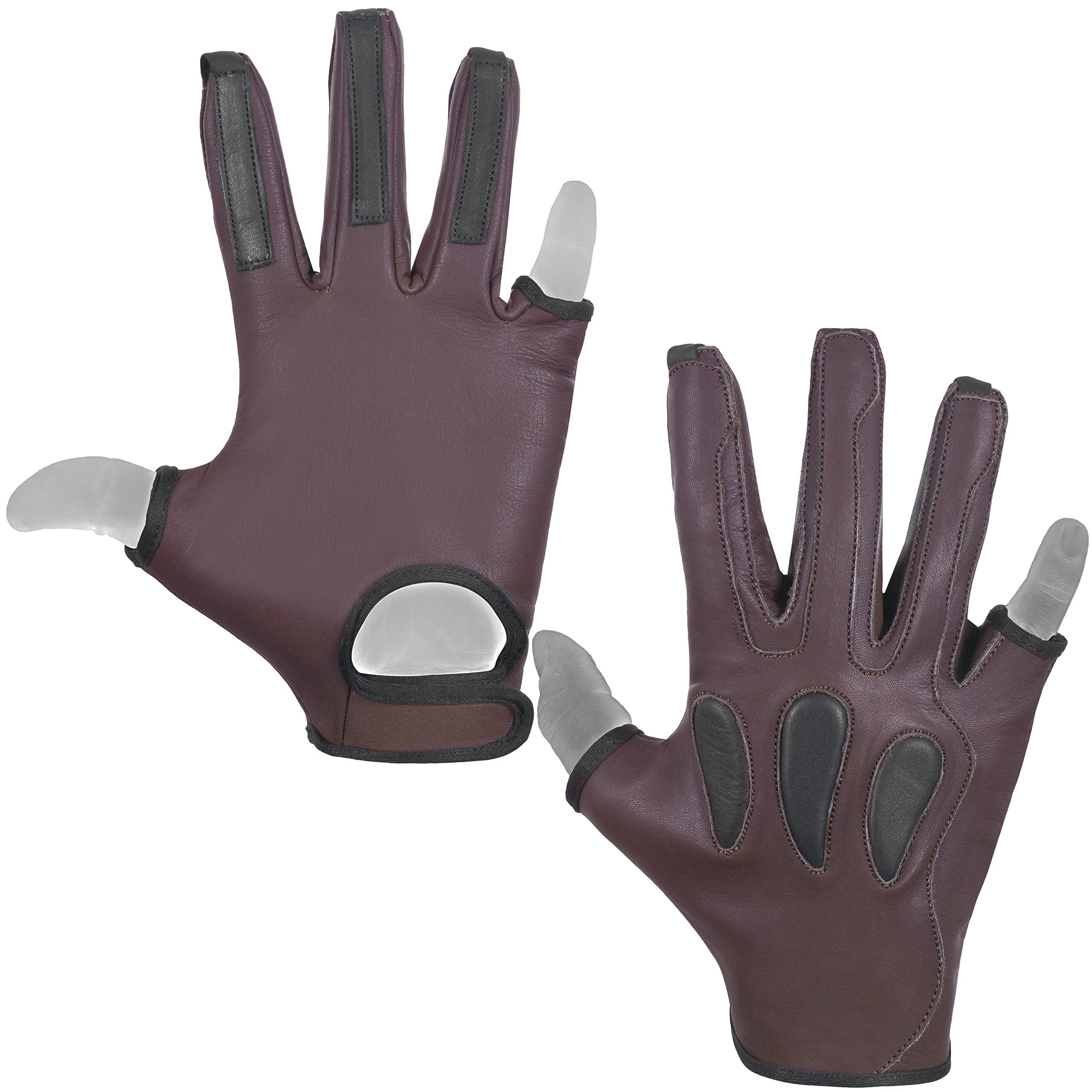 Daskz Leathers Archery Glove Leather Right Hand – 3 Finger Full + Half Thumb & Pinky – Padded Back – Traditional Hunting Glove for Adult Shooters