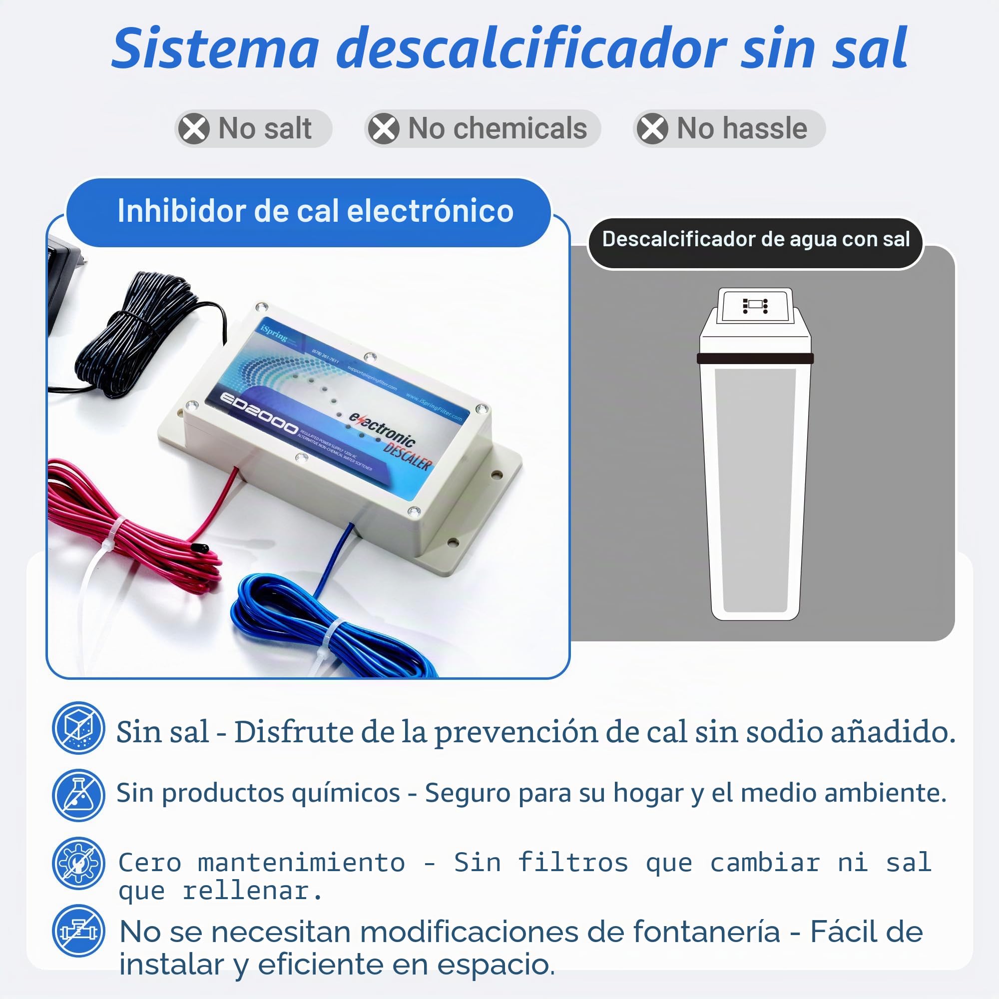 iSpring ED2000 Acondicionador electrónico del descalcificador de toda la casa, suavizante alternativo del agua