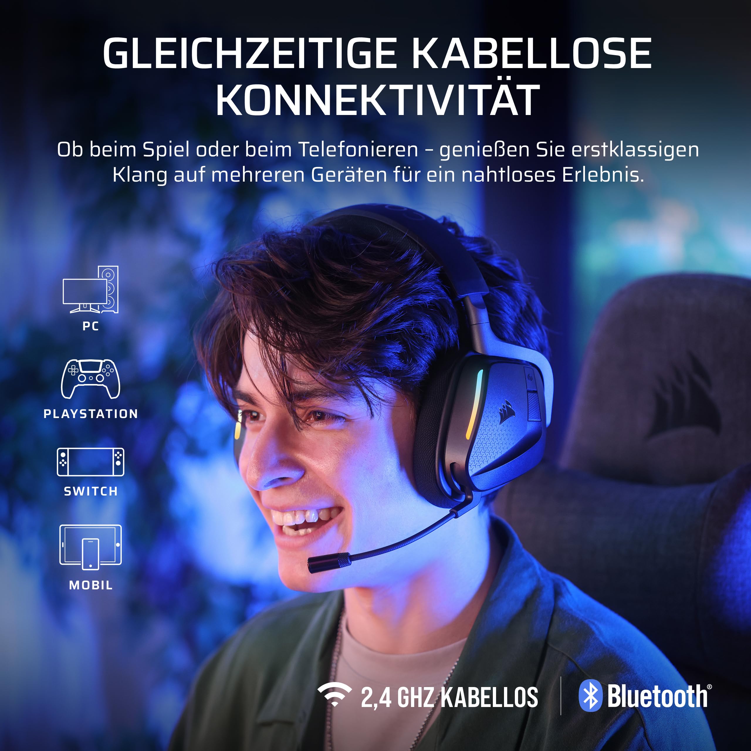 Corsair Void V2 Max Kabellose Bluetooth-Gaming-Kopfhörer, 2,4 GHz, Dolby Atmos, Sonarworks SoundID, bis zu 70 Stunden Akkulaufzeit, Schnellladung, kristallklares Mikrofon – PC, PS5, PS4, Switch, Handy