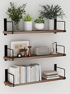 Floating Shelves - 24 Inch Wall Mounted Set of 3 Rustic Wood Shelves for...