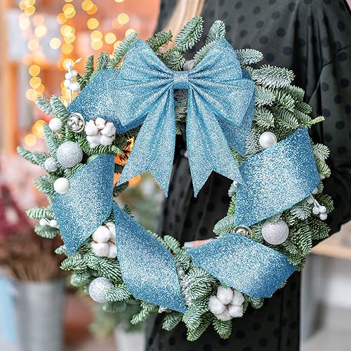 Miniatura 7 de Dilunave 2 rollos de cinta de Navidad de 20 yardas con purpurina metálica con borde de alambre, cintas decorativas de tela para envolver fiestas,