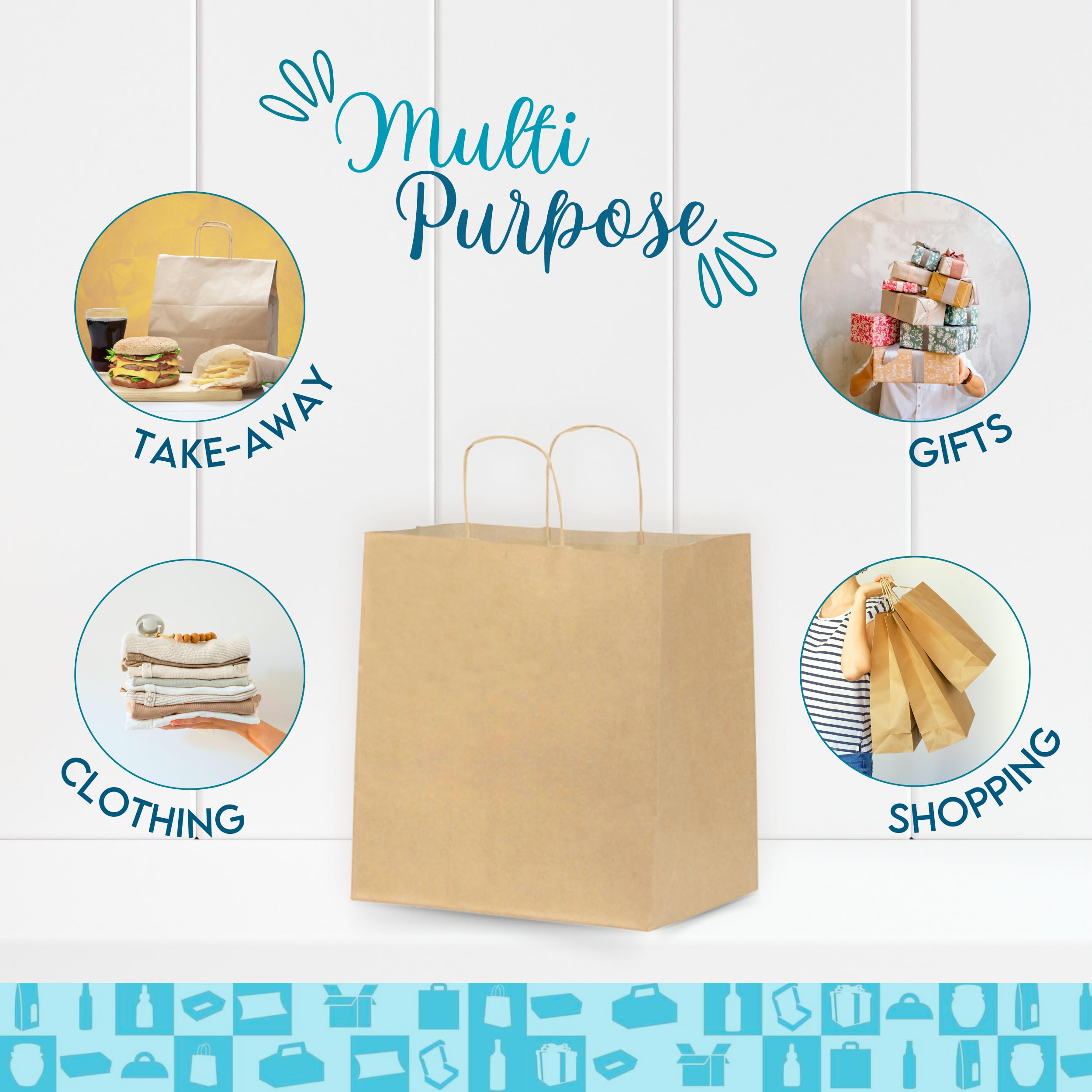50 Sacs en Papier Kraft 34x22x38 cm avec Poignées | Sac Take Away : Sachet Alimentaire pour Emporter | Sac Cadeau pour Noël