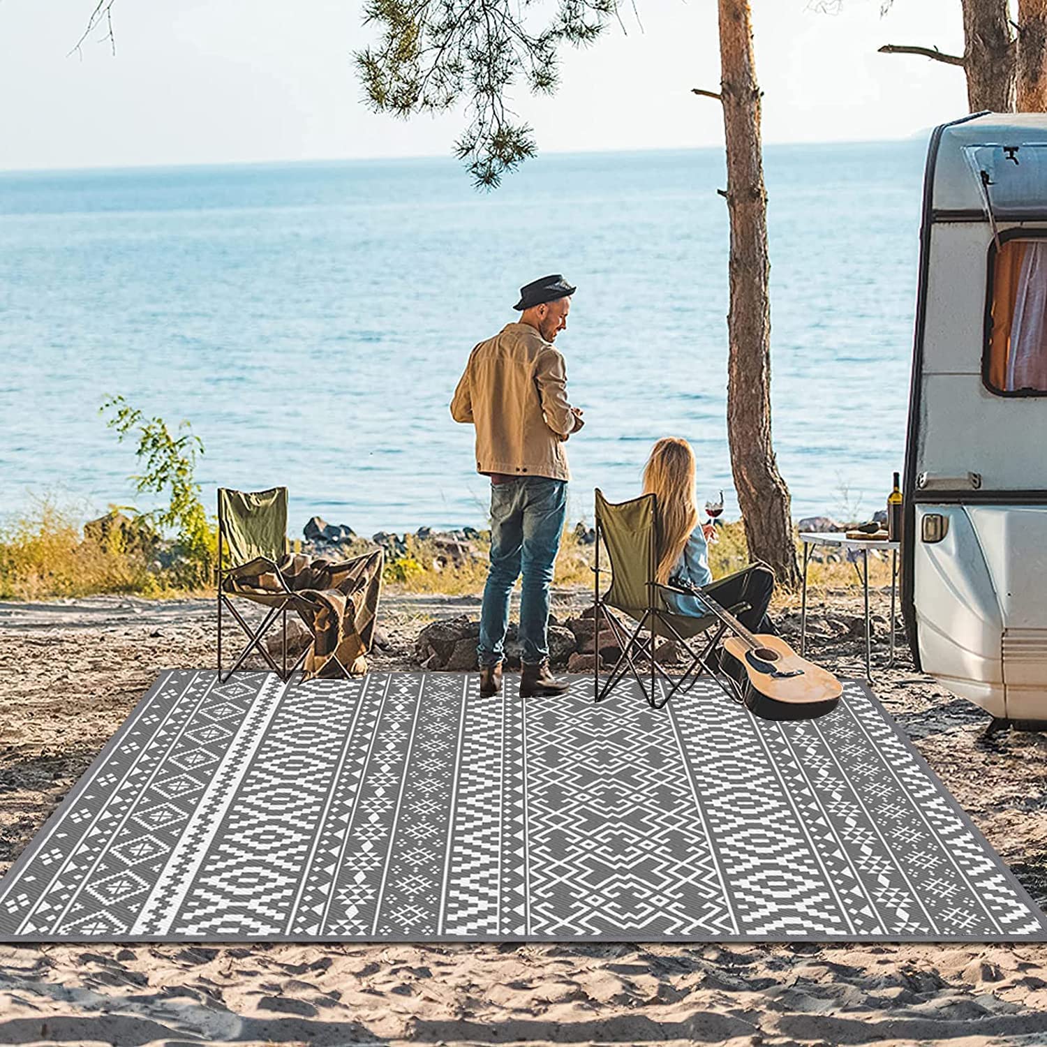 Tappeto da esterno per terrazze, 180 x 270 cm, impermeabile, reversibile e facile da pulire, in plastica riciclata, resistente ai raggi UV, per camper, campeggio, picnic, barbecue, balcone,