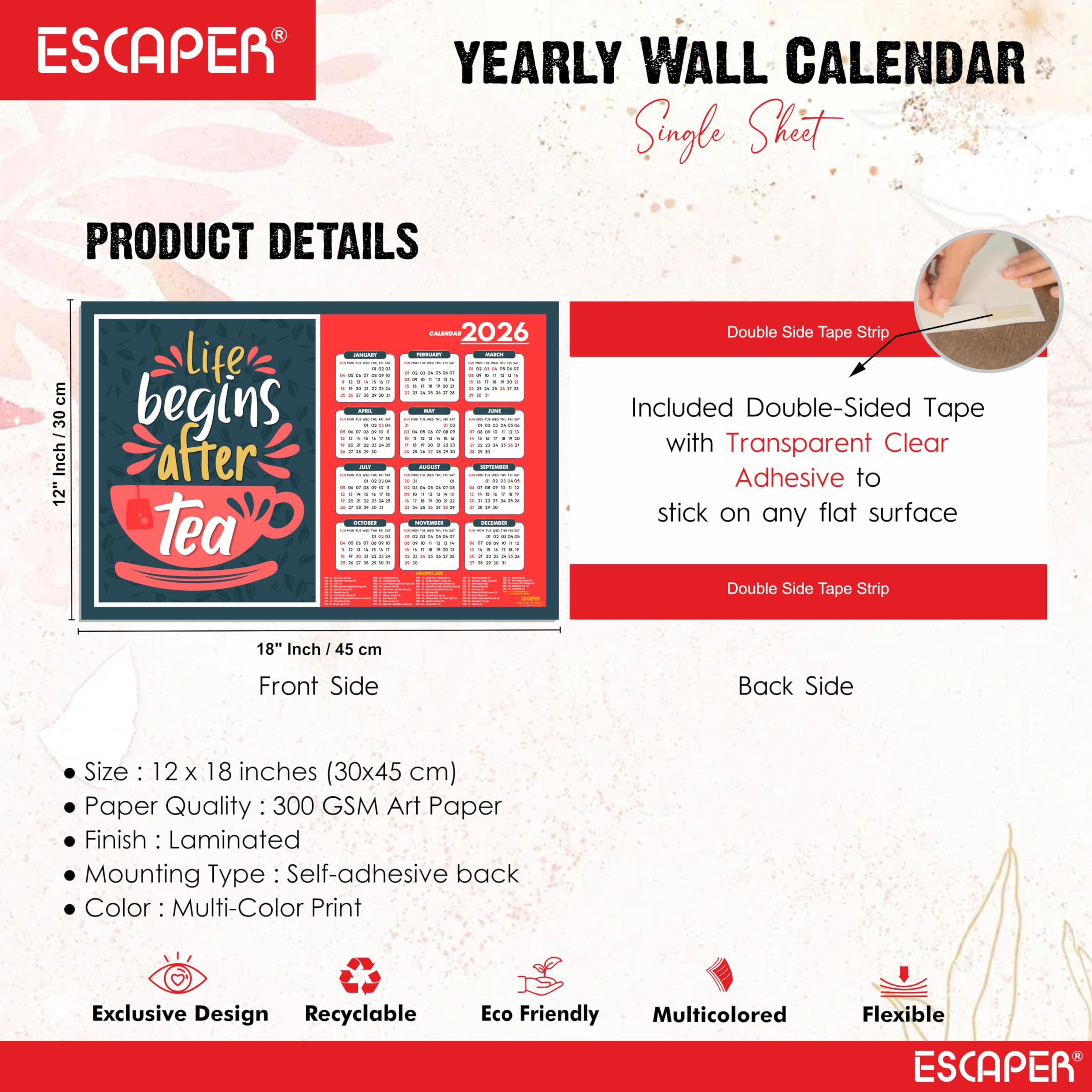 ESCAPER Tea Lovers Wandkalender 2026, 30,5 x 45,7 cm, 300 g/m², laminiertes Papier, selbstklebender einseitiger Kalender für Büro, Zuhause und Café, perfektes Teegeschenk & Wandkunst