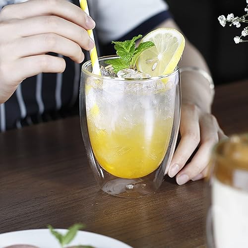 Miniatura 5 de LUXU Copas de vino sin tallo de doble pared (paquete de 4) de 11 onzas, tazas de té de café con capa aislada, taza de vidrio de doble pared, copas