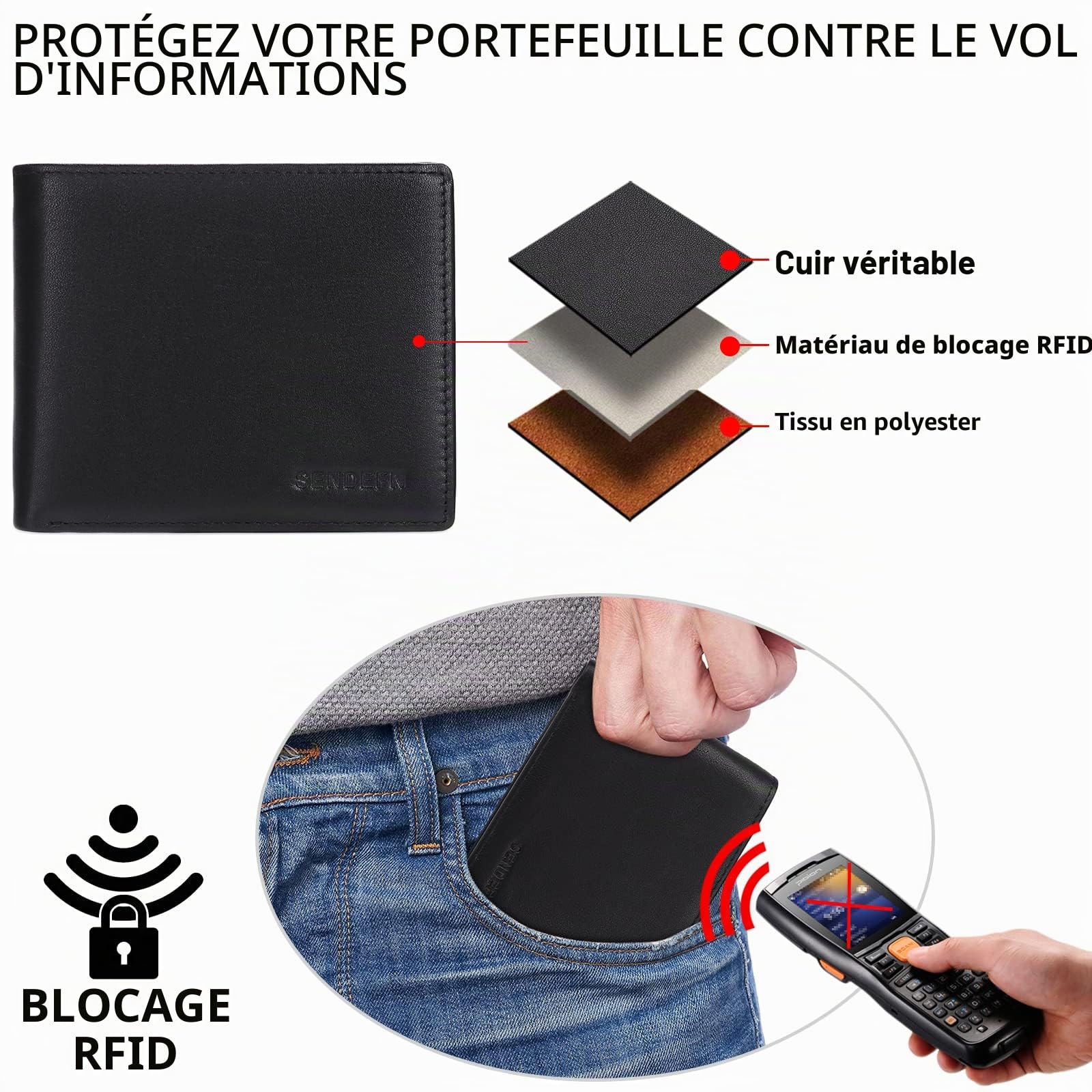 SENDEFN Portefeuille Homme en Cuir véritable Porte-Monnaie Porte-Cartes avec Blocage RFID, Rangement Pièces
