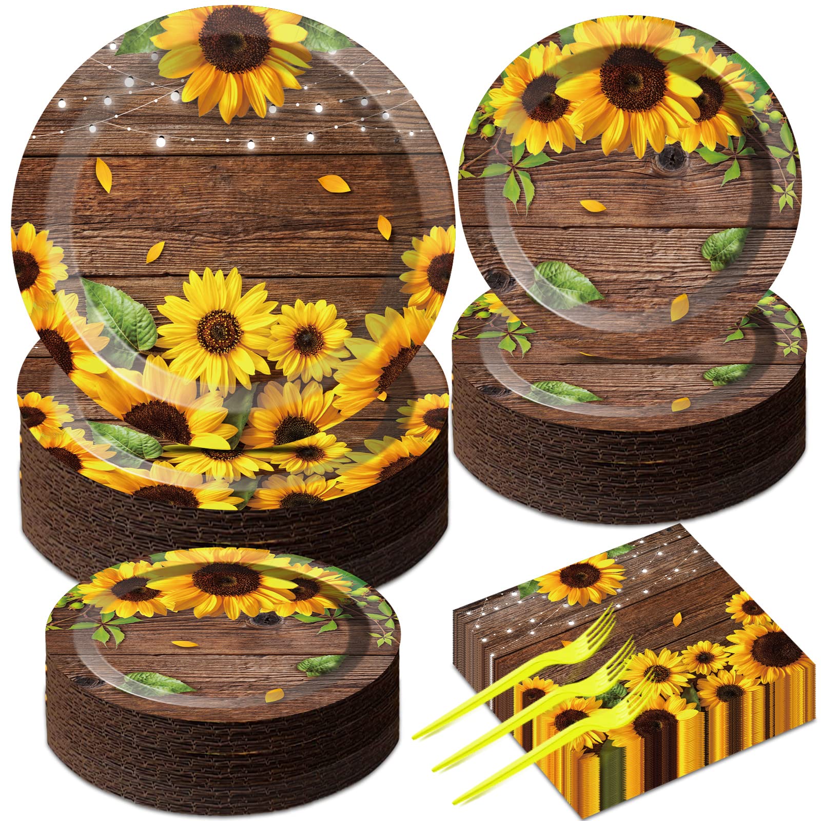 200PCS Sunflower Paper Plates and Napkins Sunflower Birthday Party Decoration Hoedown Party Decorations Supplies with Wood Land Background Bridal Baby Shower Tableware Brown Country Rustic Style