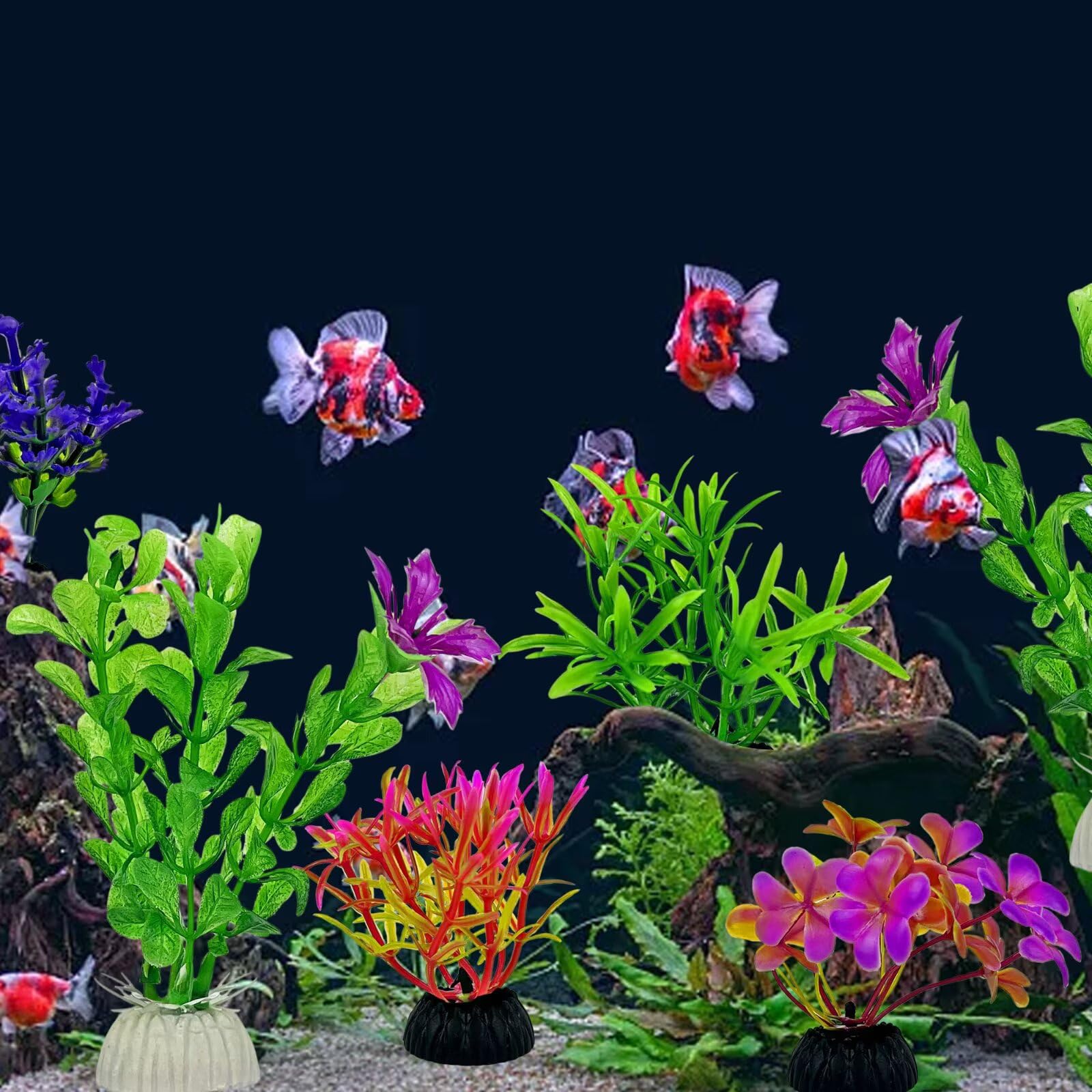 Lot de 6 plantes artificielles pour aquarium avec fleur verte en plastique 4 formes différentes de fausses décorations - 5