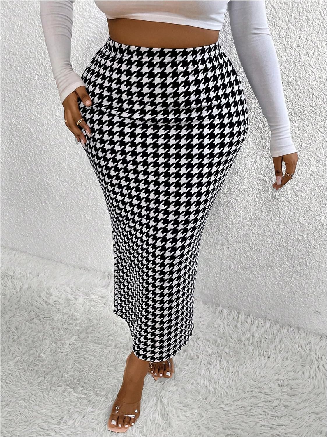 Floerns Women's Plus Size Houndstooth High Waisted Split Maxi Skirt Dressy Bodycon Skirt - Image 4