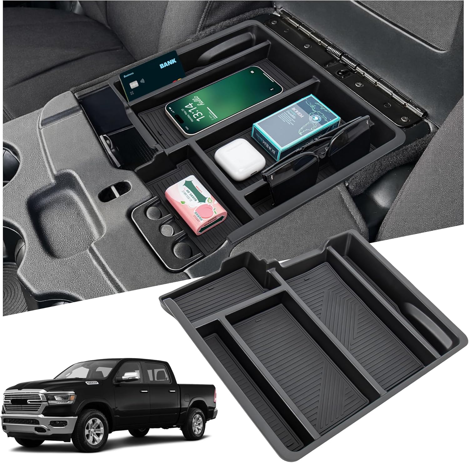 Center Console Organizer Compatible with 2013-2024 Dodge RAM (1500/1500 Classic/2500/3500) Accessories, Armrest Storage Box Tray (Only fit for Jump Seat with Three Cup Holders)