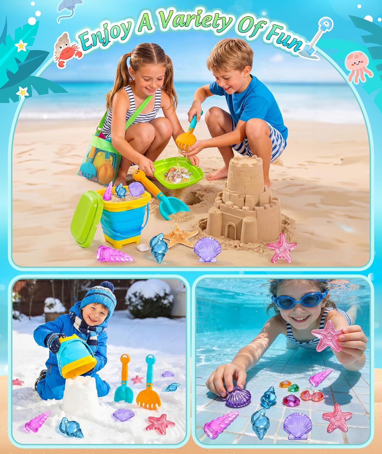 Collapsible Beach Sand Toys for Kids Toddlers, Collapsible Sand Buckets Sifter and Shovels Rake Diving Gem Pool Toy Set with Mesh Bag, Travel Beach Vacation Essentials Toys for Boys Girls