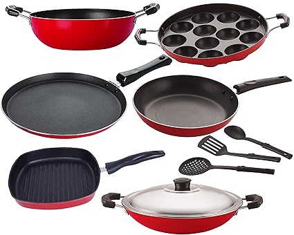 Nirlon Non-Stick Aluminium Cookware Set, Red & Black -9-Pieces [FT13_KD13_AP12_AC_GP22.5_TP24_3SPN]