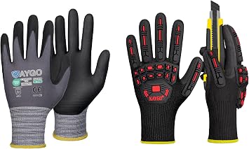 KAYGO 3 Pairs MicroFoam Nitrile Coated Gray Safety Work Gloves and 1 Pair Impact Reducing Black Work Gloves Bundle for Men and Women,Ideal for Automotive, Construction, Warehouse Work, L