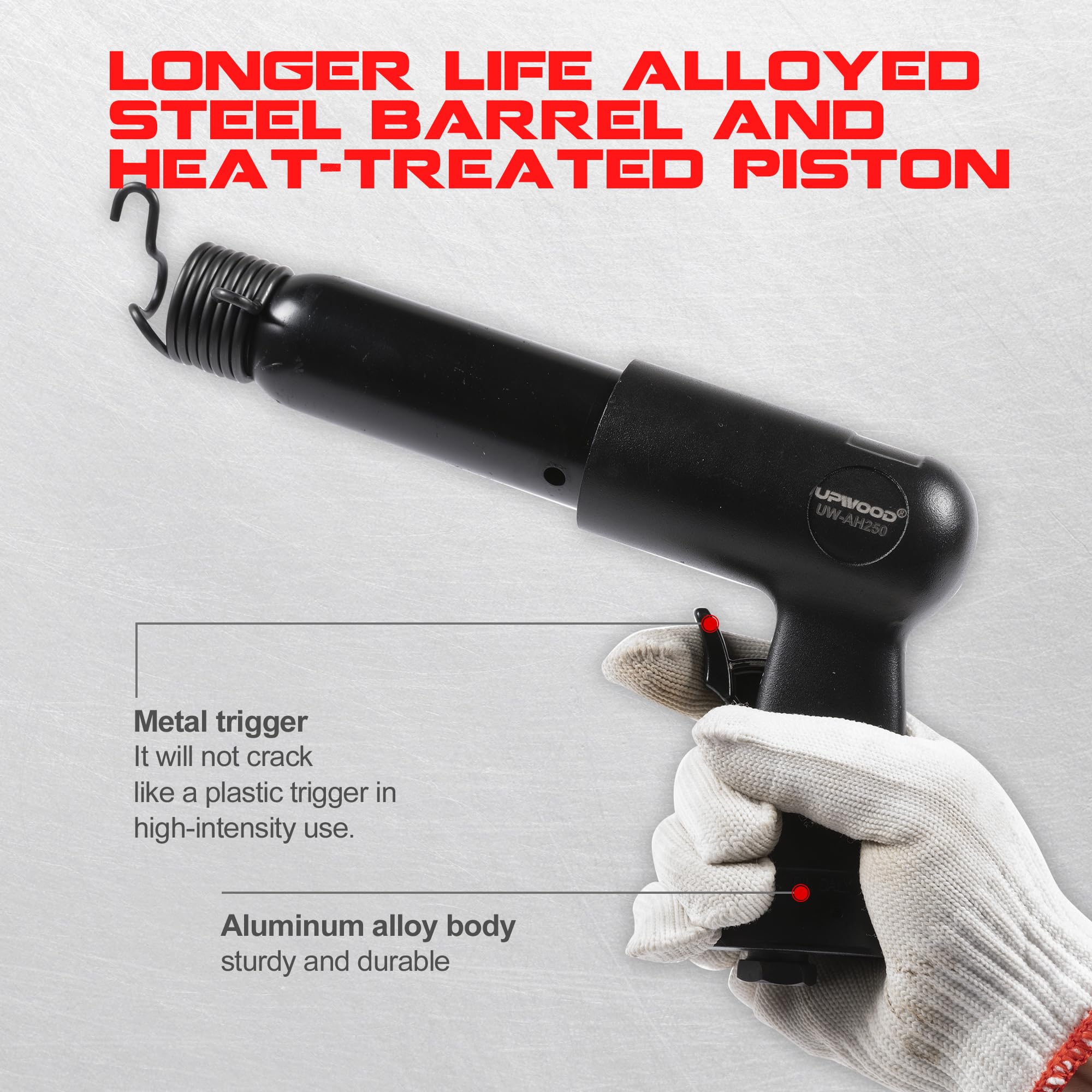 UW-AH250 Long Barrel Air Hammer Kit with Quick Change Retainer and 4 Chisels, 3-5/8 Inch Stroke, 2200 BPM, Light Weight - Image 3