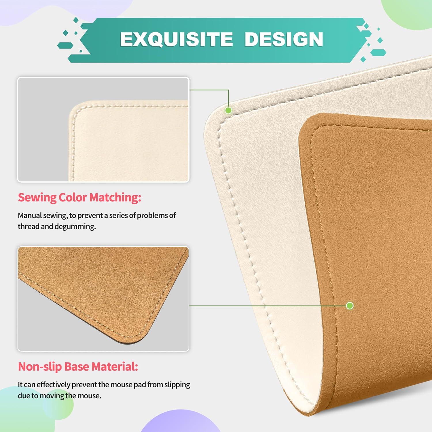 Leather Mouse Pad with Stitched Edge Micro-Fiber Base with Non-Slip Waterproof，Mouse Pad for Computers，Laptop, 8x11Inch (Milky White) image 3