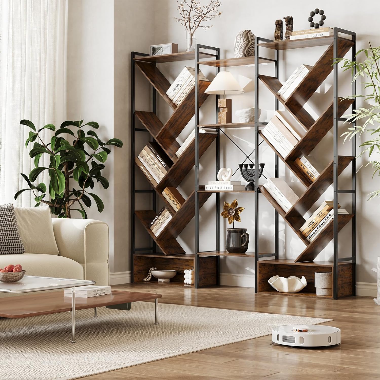 Triple 6 Tier Bookshelf, Large Bookcase Industrial Bookshelf with 24 Open Display Shelves, Industrial Tree Bookshelf, Wooden Tall Standing Bookshelf for Living Room Home, Office