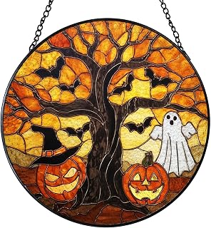 Halloween Ghost Pumpkin Stained Glass Suncatchers 7.9x7.9in, Gothic Spooky Witchy Pumpkin Ghost Tree Fall Sun Catchers Indoor Window Stained Glass Window Hanging Decorations