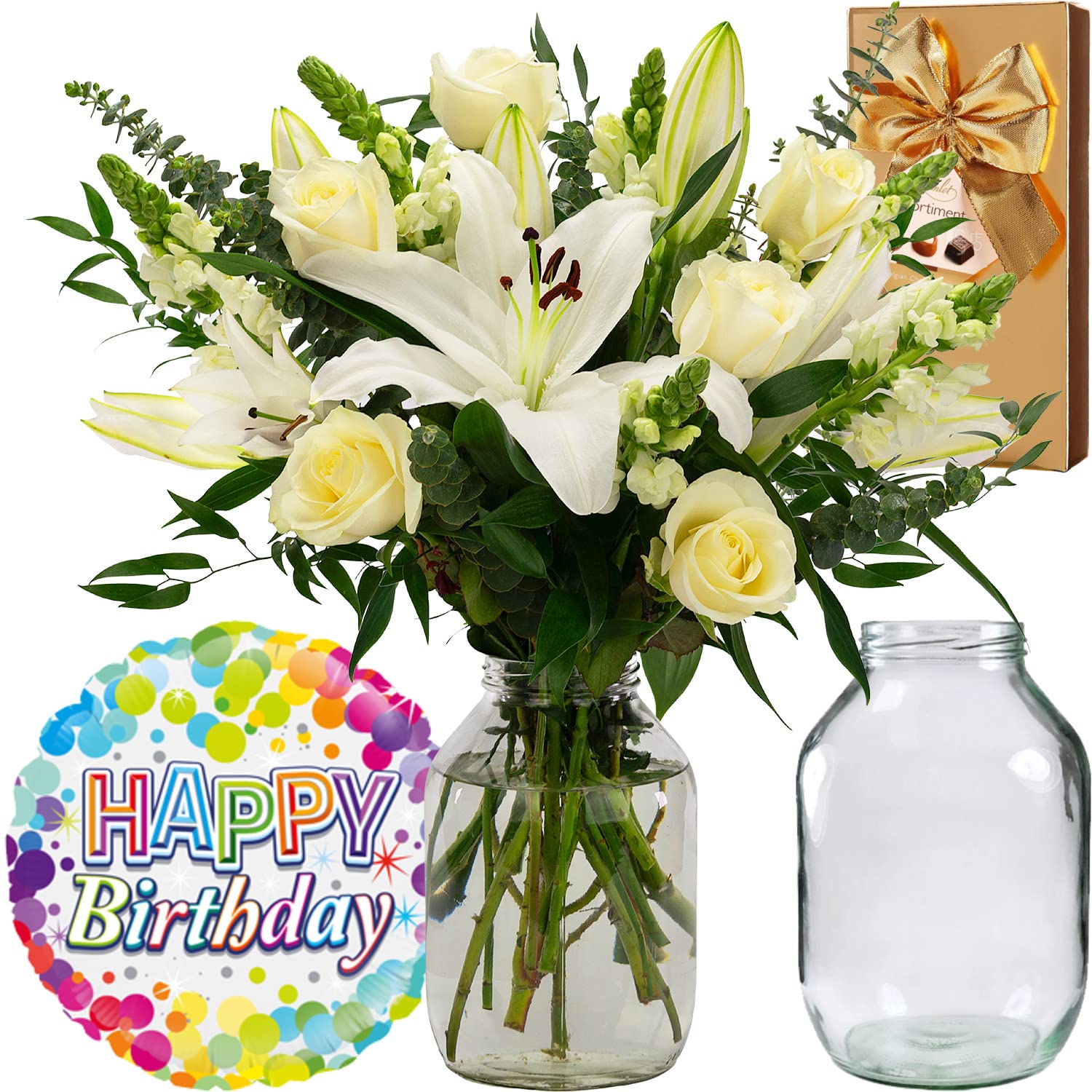 InterBloom | The Grace - Next Day Large White Lily and Rose Beautiful Fresh Flower Bouquet with a Birthday Balloon, Hamlet Chocolates and Pickle Jar Vase